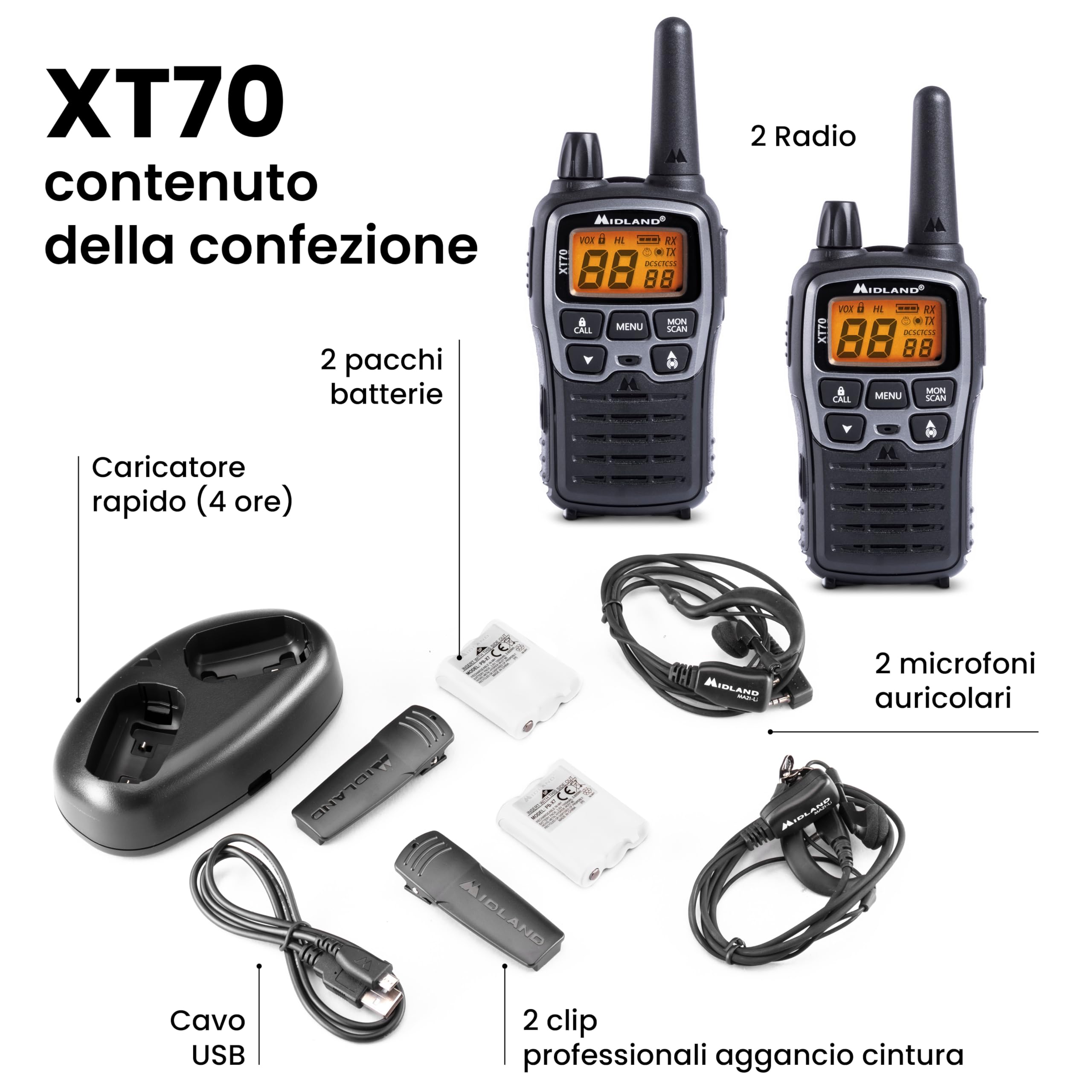 Midland - Walkie Talkie XT70, 2 Ricetrasmittenti Professionali Dual Band 93 Canali - 69 LPD/24 PMR446 Senza Licenza, Autonomia 18H, Copertura 12Km, Ricarica Rapida e Accessori, 38 toni CTCSS + 83 DCS
