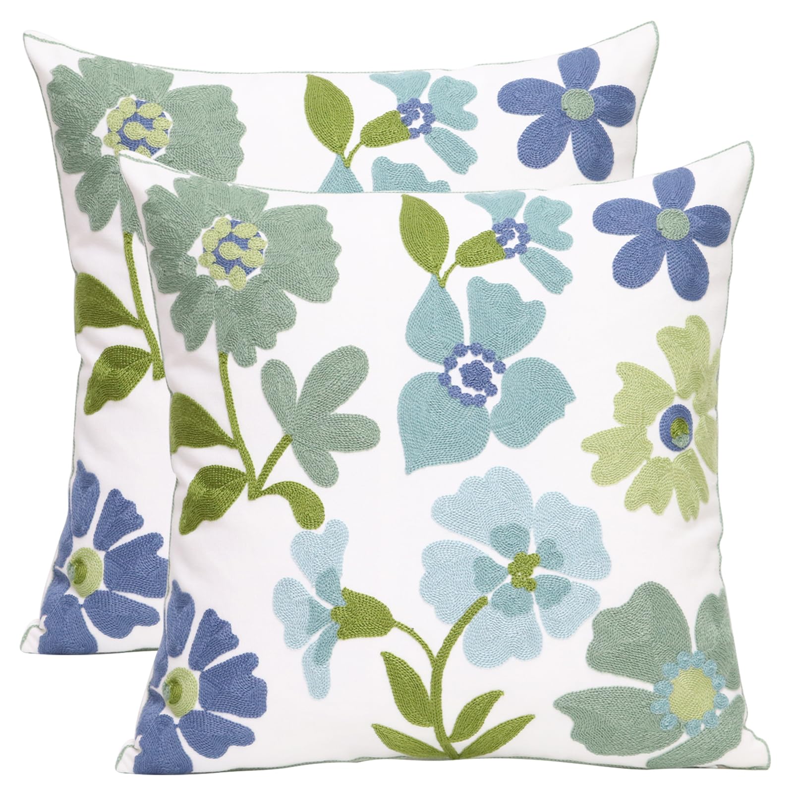 Pilmandu Pack of 2 Embroidered Decorative Throw Pillow Cover 18x18 Inch Farmhouse Floral Pillowcase for Living Room Sofa Bed (Grass Flower)