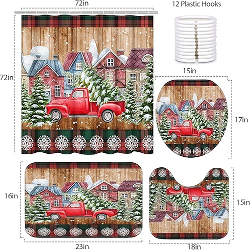 Miniatura 2 de Juego de cortinas de ducha de 4 piezas, camión a cuadros de Navidad verde y rojo con alfombras antideslizantes, cubierta para tapa de inodoro y