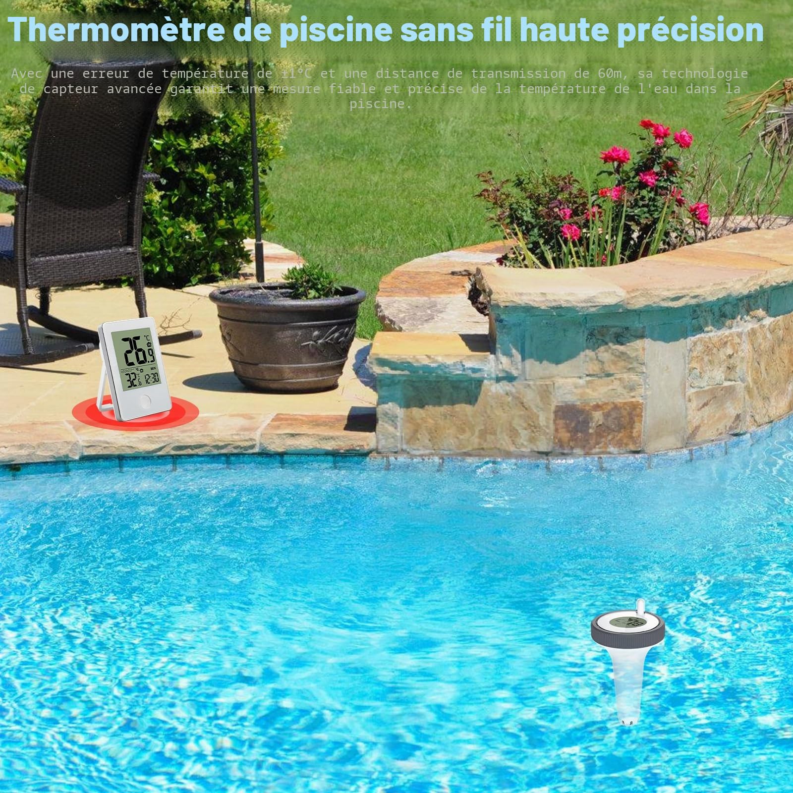 Thermomètre numérique de piscine sans fil : thermomètre flottant avec moniteur de température intérieure, thermomètre de natation pour piscines, aquarium, baignoire, étang, installation