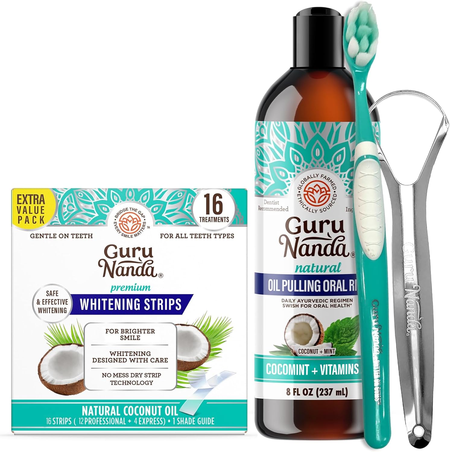 GuruNanda Coconut & Mint Oil Pulling with Tongue Scraper & Teeth Whitening Strips - 16 Day Treatments - Enamel-Safe Strips for Sensitive Teeth, Dry Strip Technology