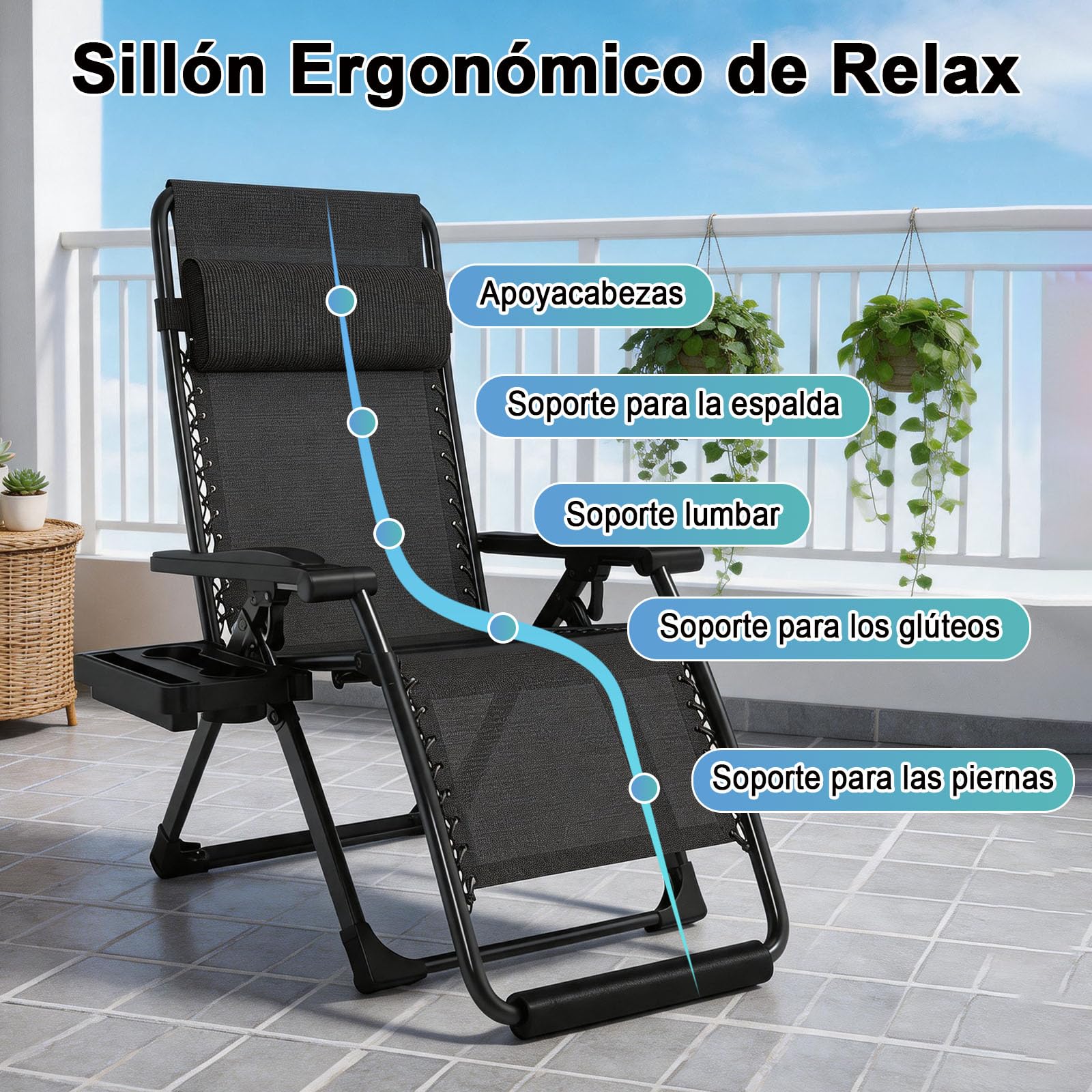 Tumbona Plegable Jardin Acolchada, Tumbonas Jardin Exterior Ajustable con Portavasos y Reposacabezas, Silla de Gravedad Cero Soporta 200 kg para Balcón Terraza (Negro, Extra Ancha 77 cm)