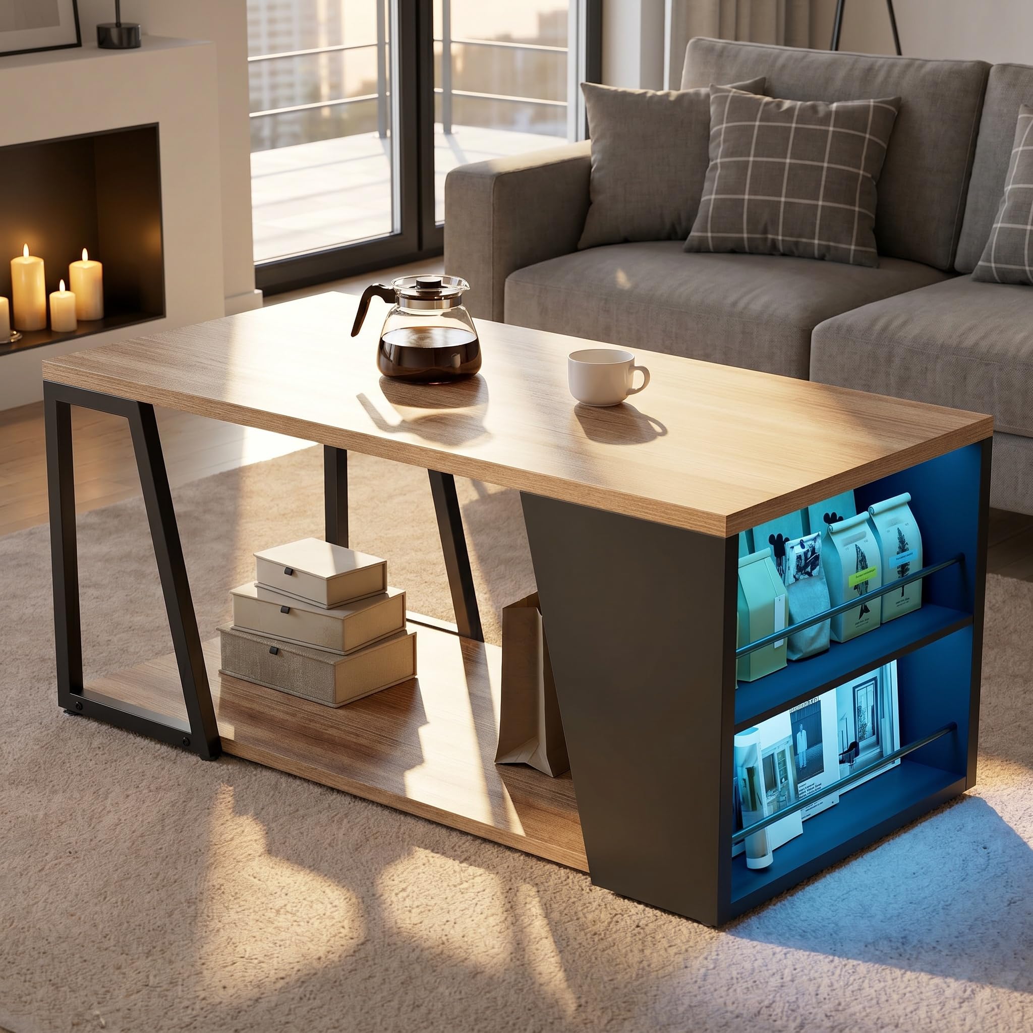 Feonase Couchtisch Rechteckig mit Stauraum Wohnzimmer, 100 cm Wohnzimmertisch, Sofatisch mit Verstellbarer LED, Beistelltisch aus Holz Metall