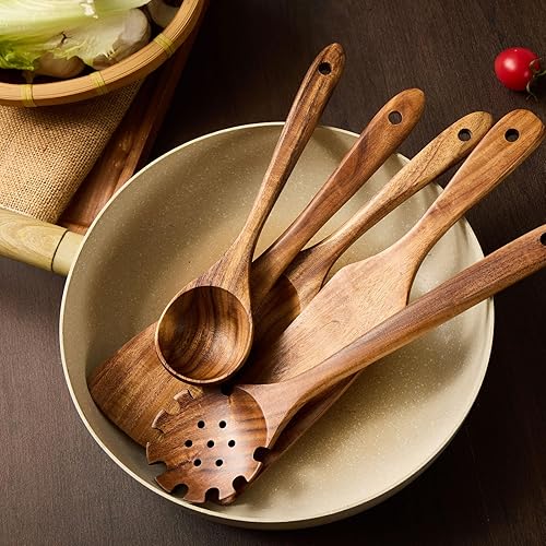 Miniatura 7 de Juego de utensilios de cocina de madera de 12 piezas, cucharas de cocina de madera de teca para sartenes antiadherentes