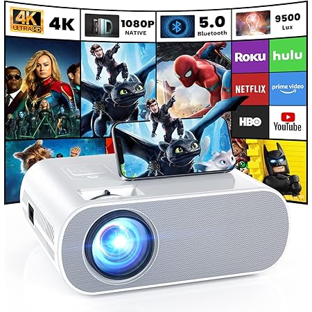 HOMPOW Projector, Native 1080P Full HD Bluetooth Projector with Speaker, 9500 Lumens Outdoor Portable Movie Mini Projector Compatible with Laptop, Smartphone, TV Stick, Xbox, PS5