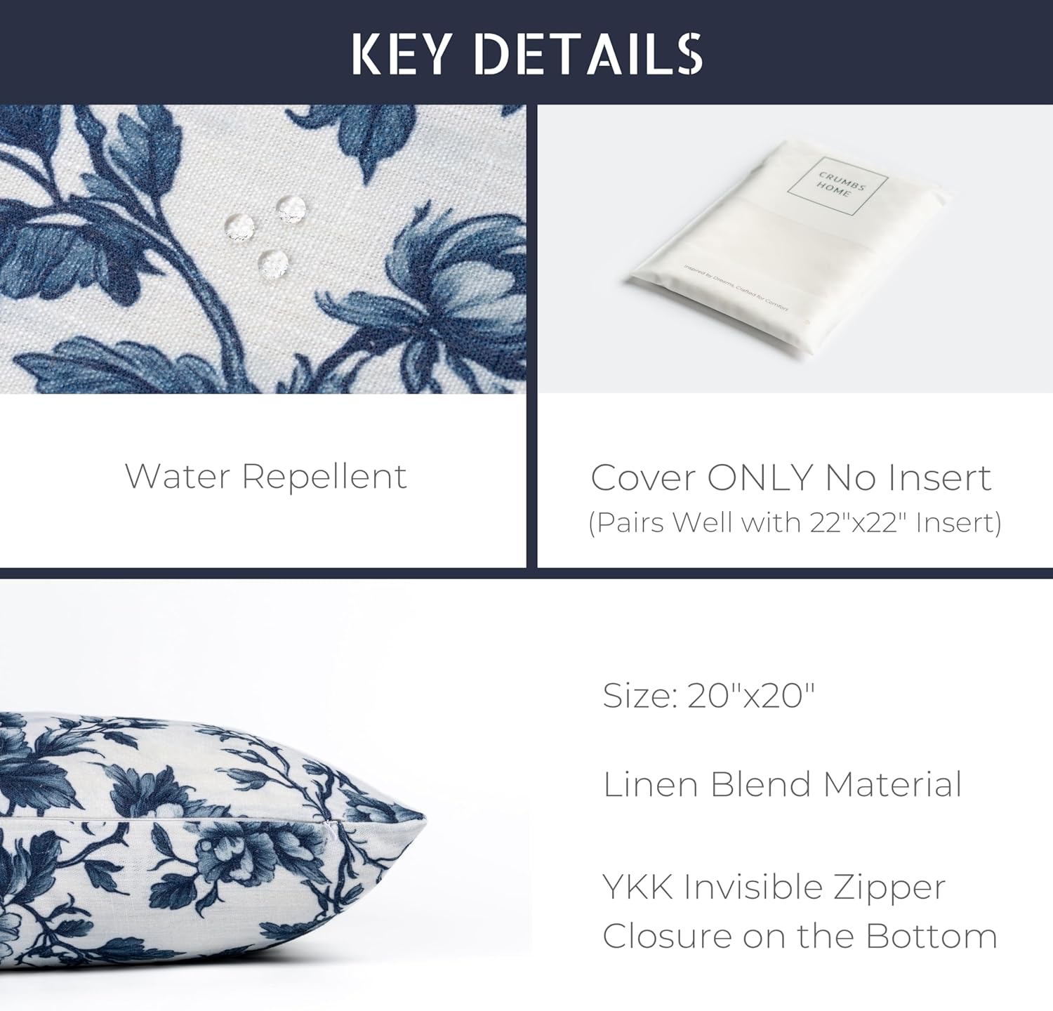 Crumbs Home California Casual Coastal Indoor Outdoor Throw Pillow Cover, 20"x20" Water Repellent for Patio, Backyard, Couch, Poolside, Dark Navy Print Vintage Chinoiserie Floral