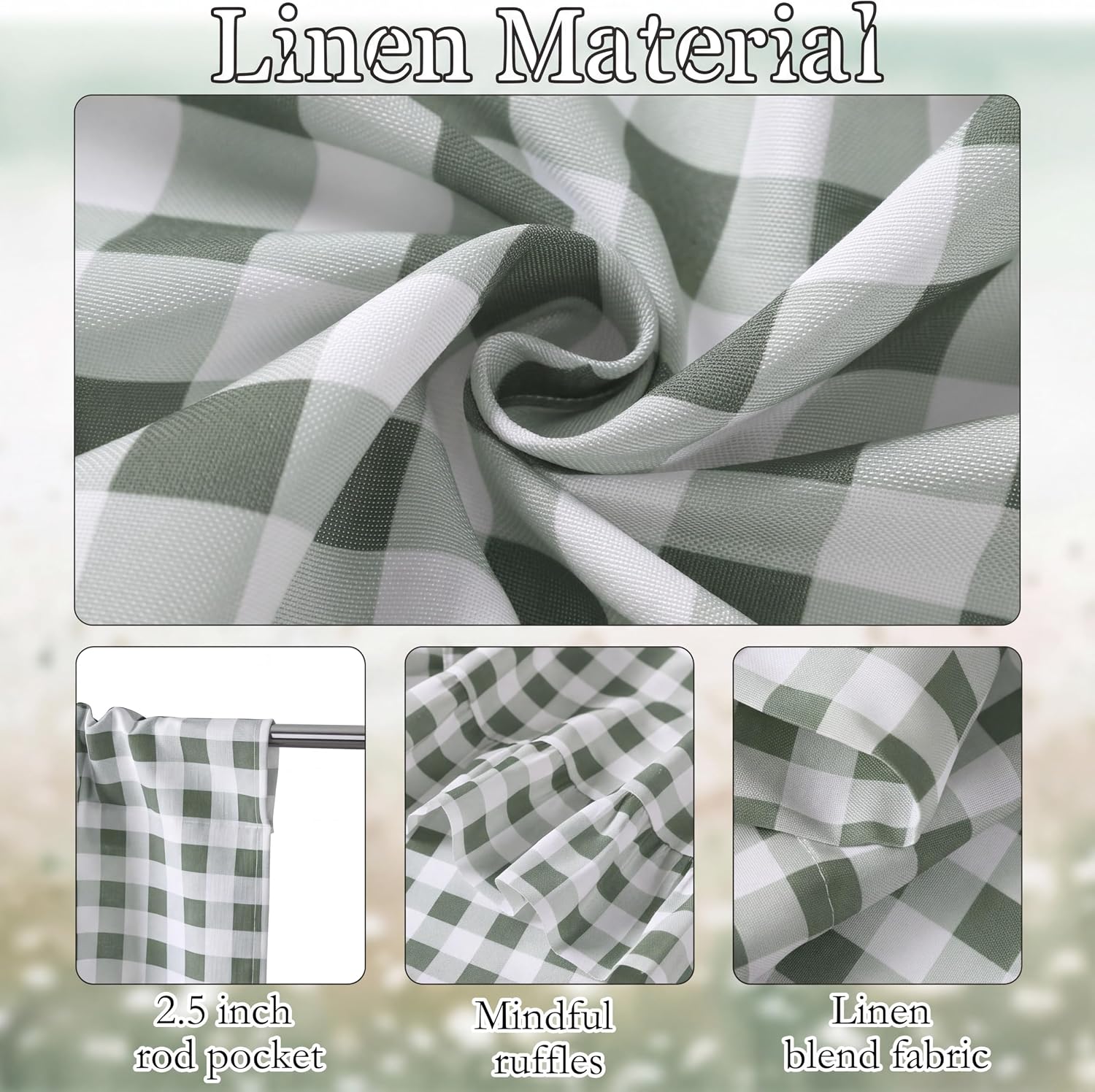 SmoothNovelty 2 Pcs Green White Ruffle Buffalo Check Valances for Windows