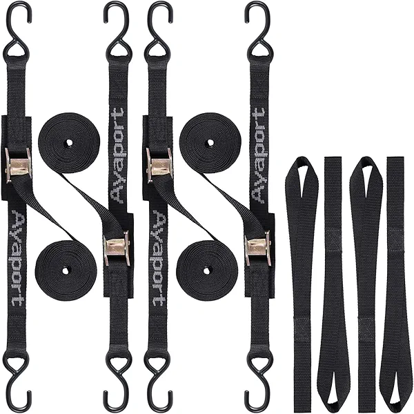 Ayaport Cam Buckle Tie Down Straps 6 feet 2200lbs Break Strength Securing Straps with S Hooks for Motorcycle, Kayak, Car, Truck, Dirt Bike, Pack of 4
