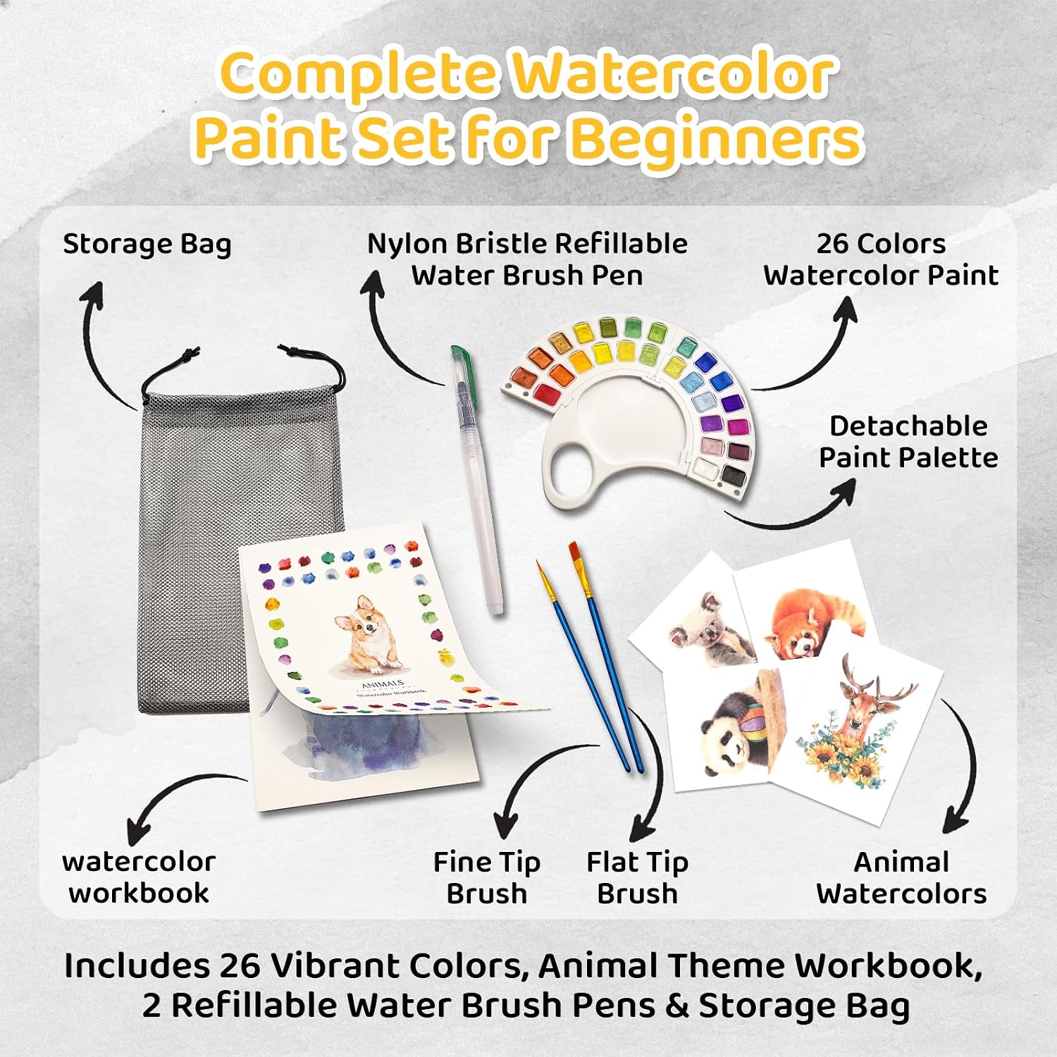 Watercolor Workbook for Adults - Animal Theme, 26 Colors Watercolor Paint Set with 300GSM Thick Paper, Water Brush Pen, Beginner Friendly Coloring Book Kit for Stress Relief