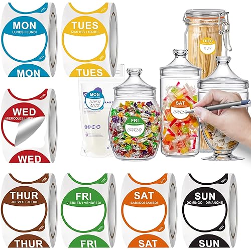 7000 Pcs 1 Inch Days of The Week Stickers, Removable Date Dots Food Labels Peel Tab(Mon-Sun) for Container Bottles, Kitchen Freezers, Restaurant Inventory Management Supplies(1000 pre-Cut per roll)
