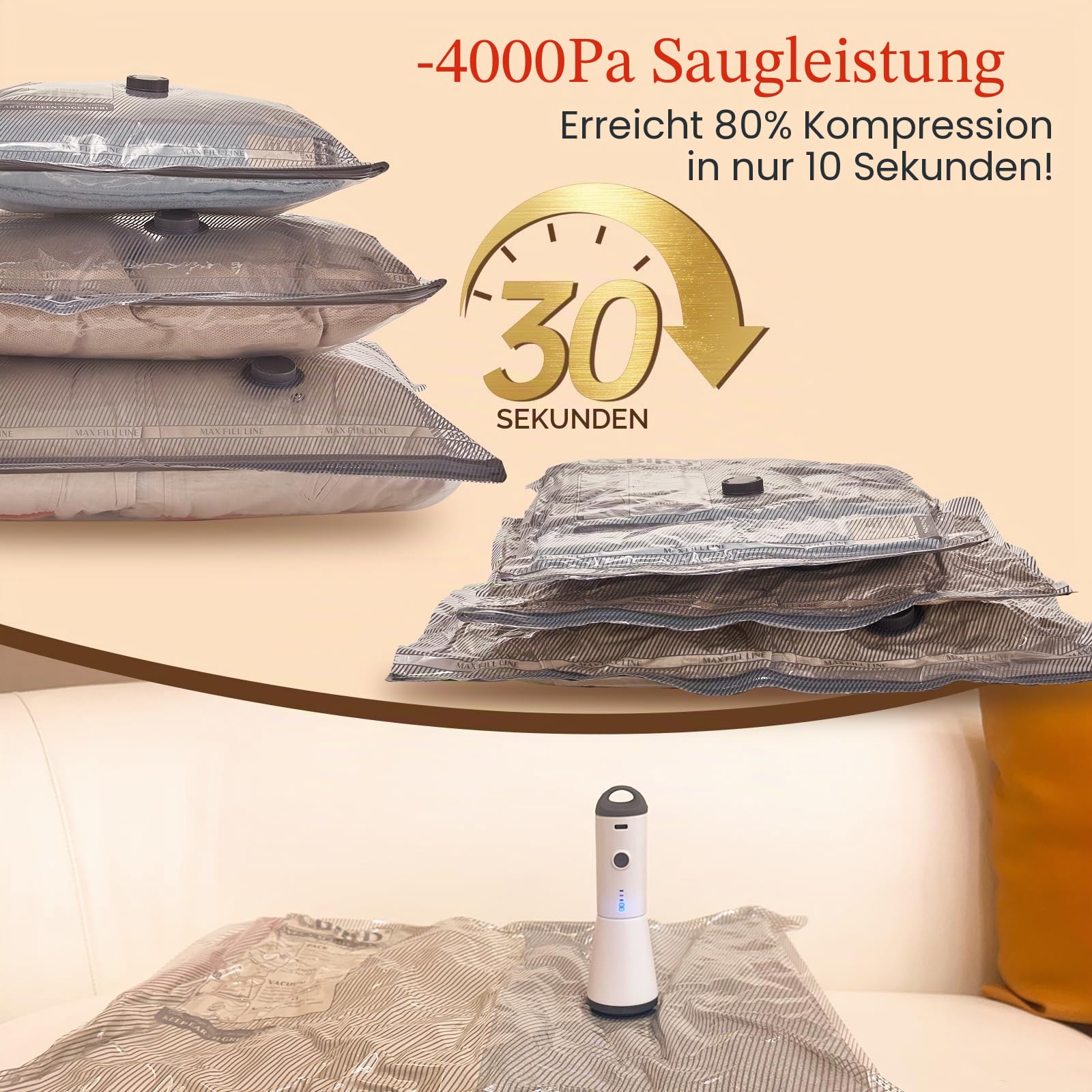 Vacbird Vakuumbeutel für Reisen mit wiederaufladbarer Luftpumpe, 15 Stück, Handgepäckgröße, Kompressions-Verpackungsbeutel für Gepäck und Koffer, platzsparende Taschen für Kleidung und Kleidung Reisen