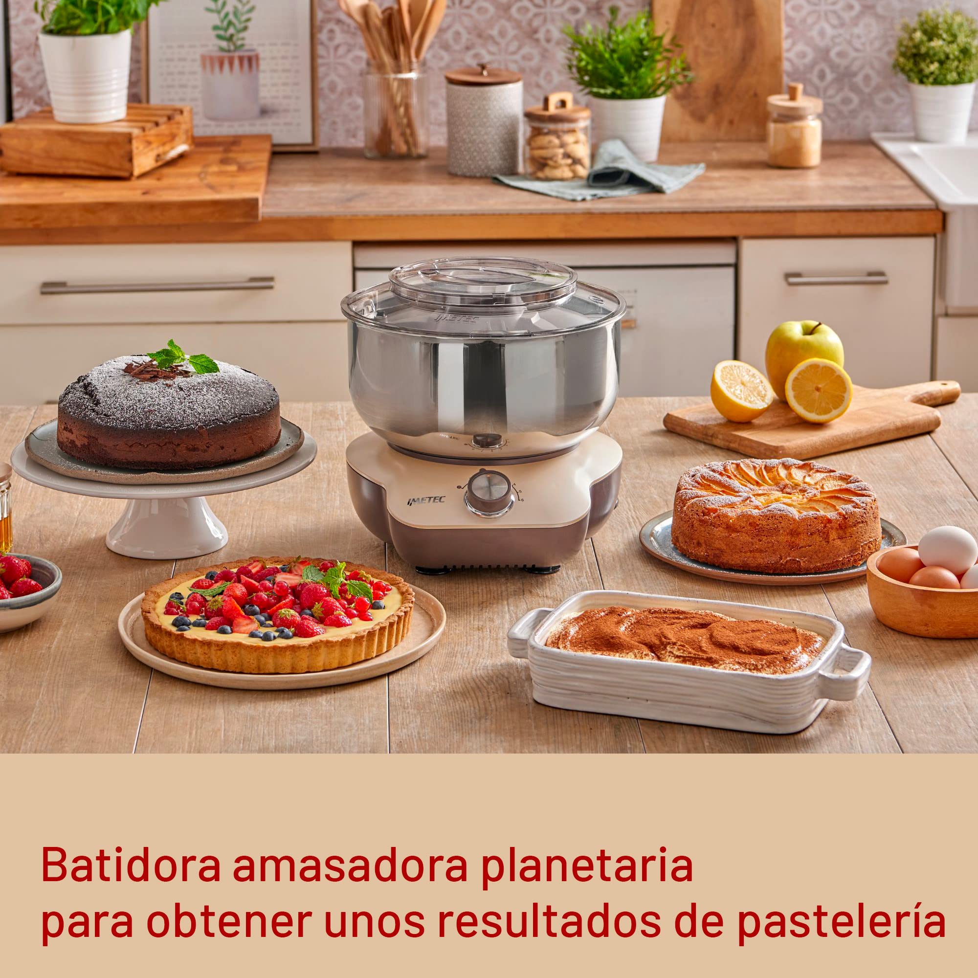 Imetec CakeLover, Batidora planetaria para dulces, Cremas y masas saladas, equipada, Compacta, 1500 W, Recipiente de acero inoxidable, 5 Litros, 6 Velocidades, Recetario, Color Negro/Beige
