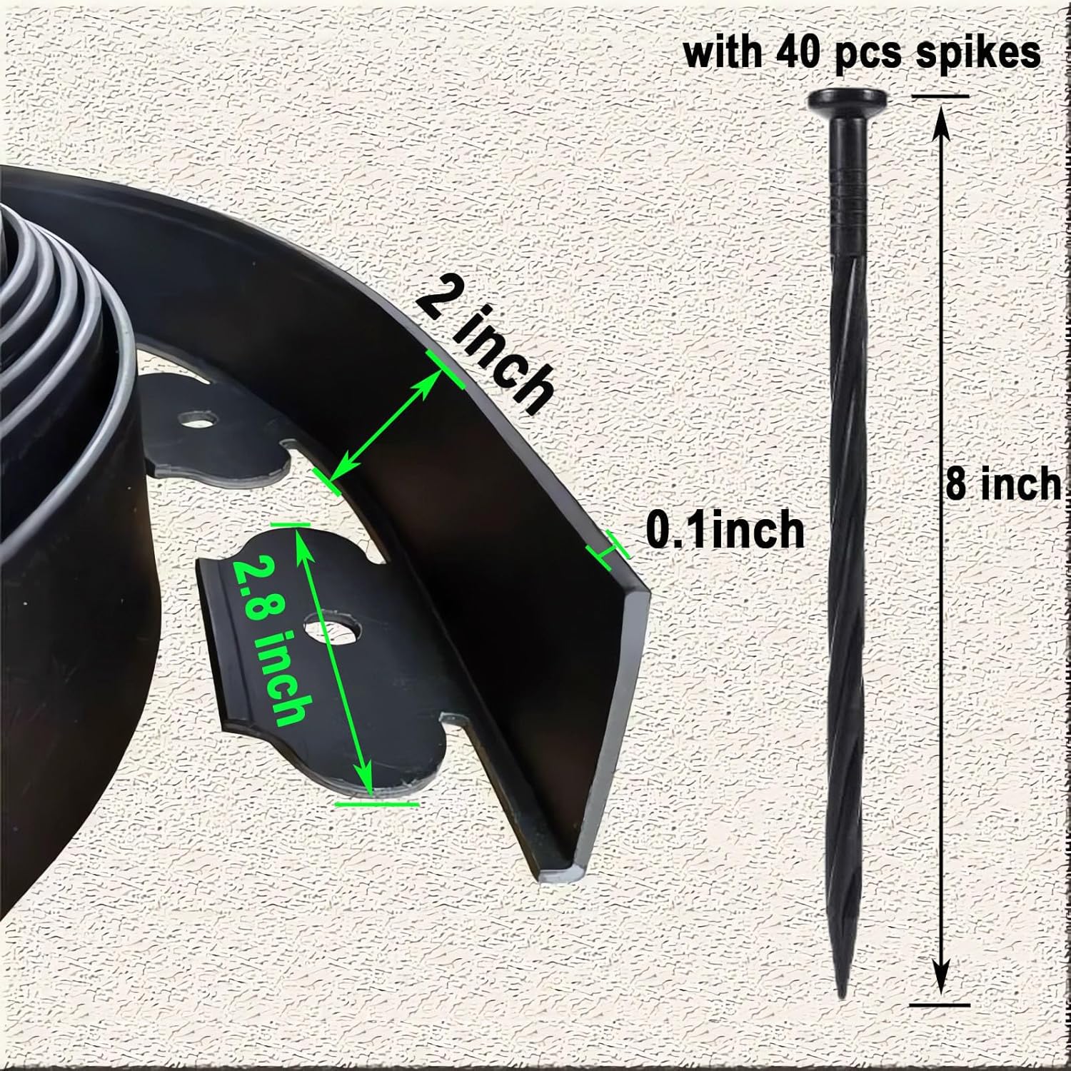 Heavy Duty 40FT Landscape Edging Kit with 40PCS Anchoring Spikes Plastic Garden Border for Flower Garden, Lawn, Paver (2Inch Tall, Black)