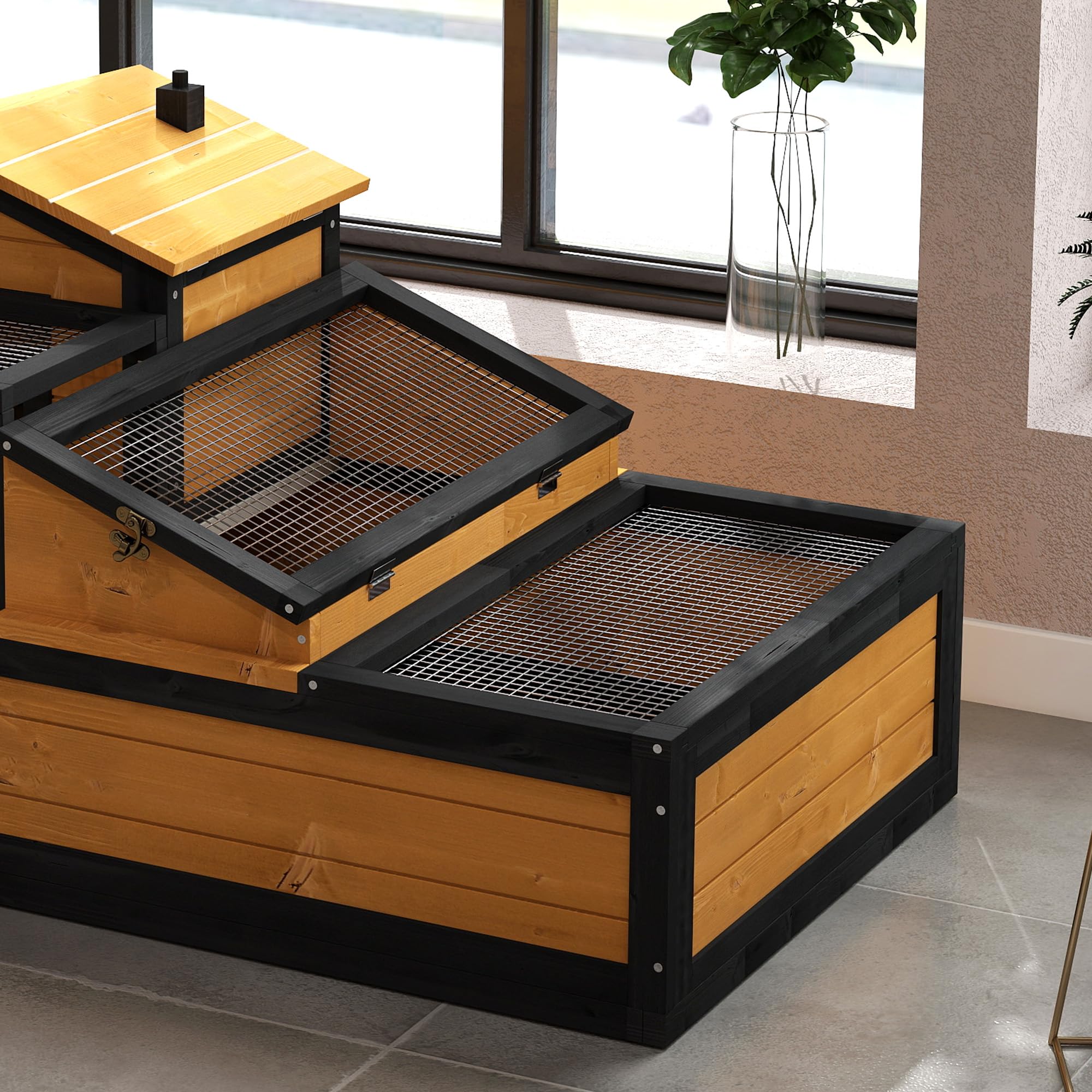 PawHut tortuguera de Madera, recinto para Tortugas con Dos Niveles, Tapa abatible, balcón, Jaula Exterior para Reptiles pequeños 112 x 65 x 60 cm, Amarillo | Recinto para tortugas, casas principales, jaula de reptiles al aire libre, techo abierto, terrari