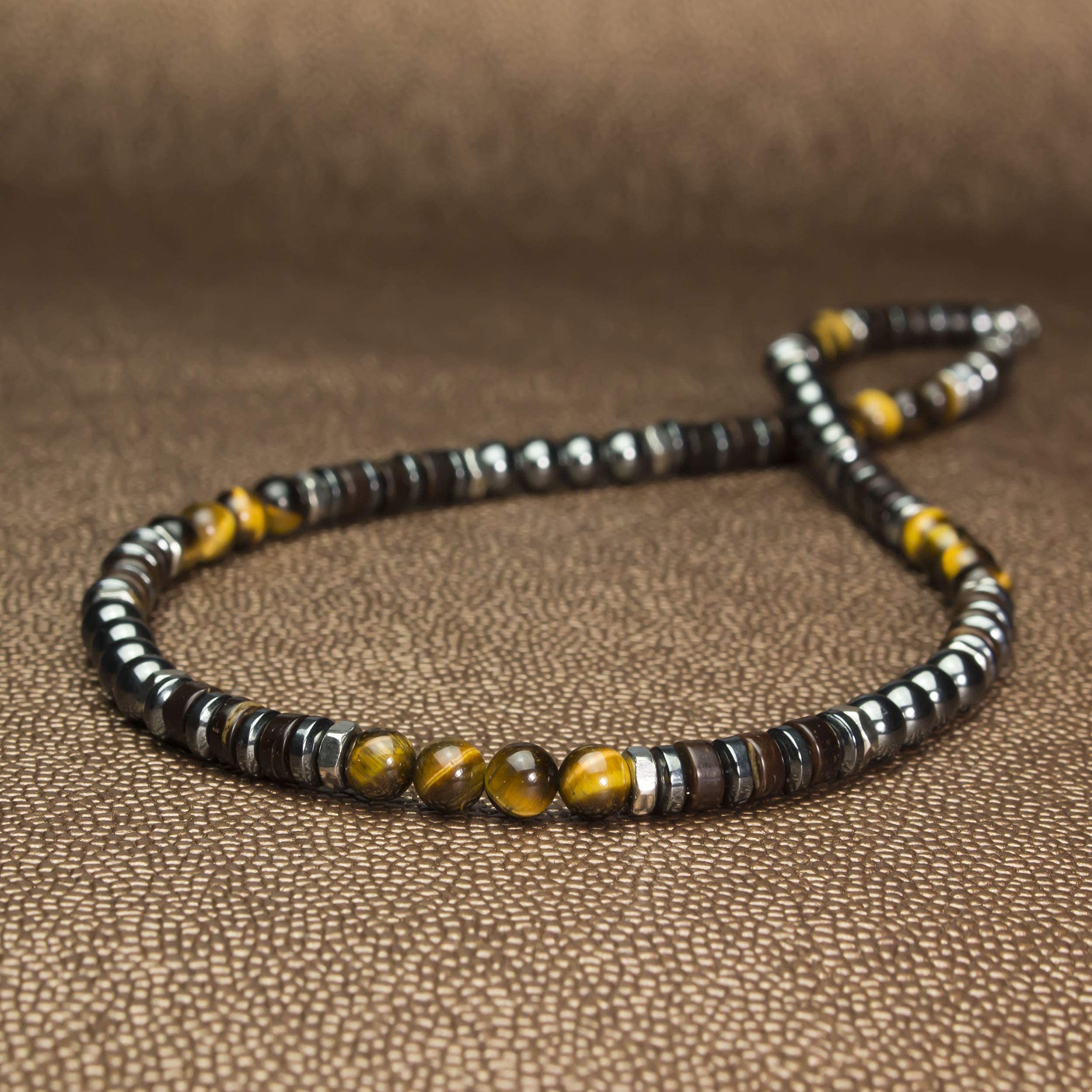 Collier Homme/Femme perles Ø 6 mm pierre naturelle gemme Œil de tigre Hématite Bois coco métal INOX couleur argent Style antique Fait main en France