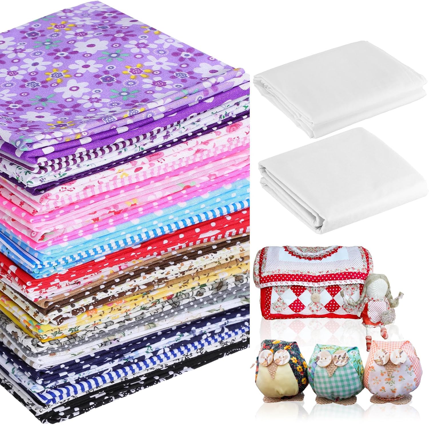 Fanfanwin 59 Pcs Fabric Squares, 57 Pcs 10'' x 10'' Fabric Scraps for Sewing Supplies 9.8ft White Iron-on Non-Woven 16.4ft Pure Cotton Lining for DIY Bags Crafts Sewing Quilting Patchwork
