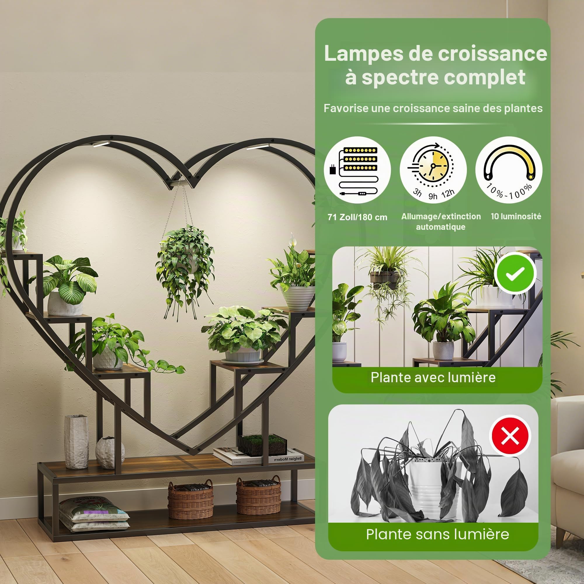 PerGar Étagère à plantes en forme de cœur avec lumière de croissance LED et espace de rangement, Support à fleurs multi-étages pour plantes en suspension, Étagère à plantes moderne en métal et bois