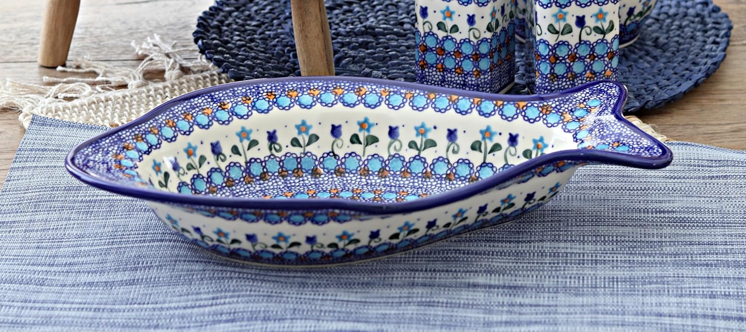 Blue Rose Polish Pottery - Blue Savannah Deep Fish Dish - 14" x 7.5" - Unique Platter for Dinner Parties, Very Durable & Dishwasher Safe
