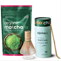 Japanese Ceremonial Matcha Powder 100g Matcha Whisk Holder Bundle by Aprika Life
