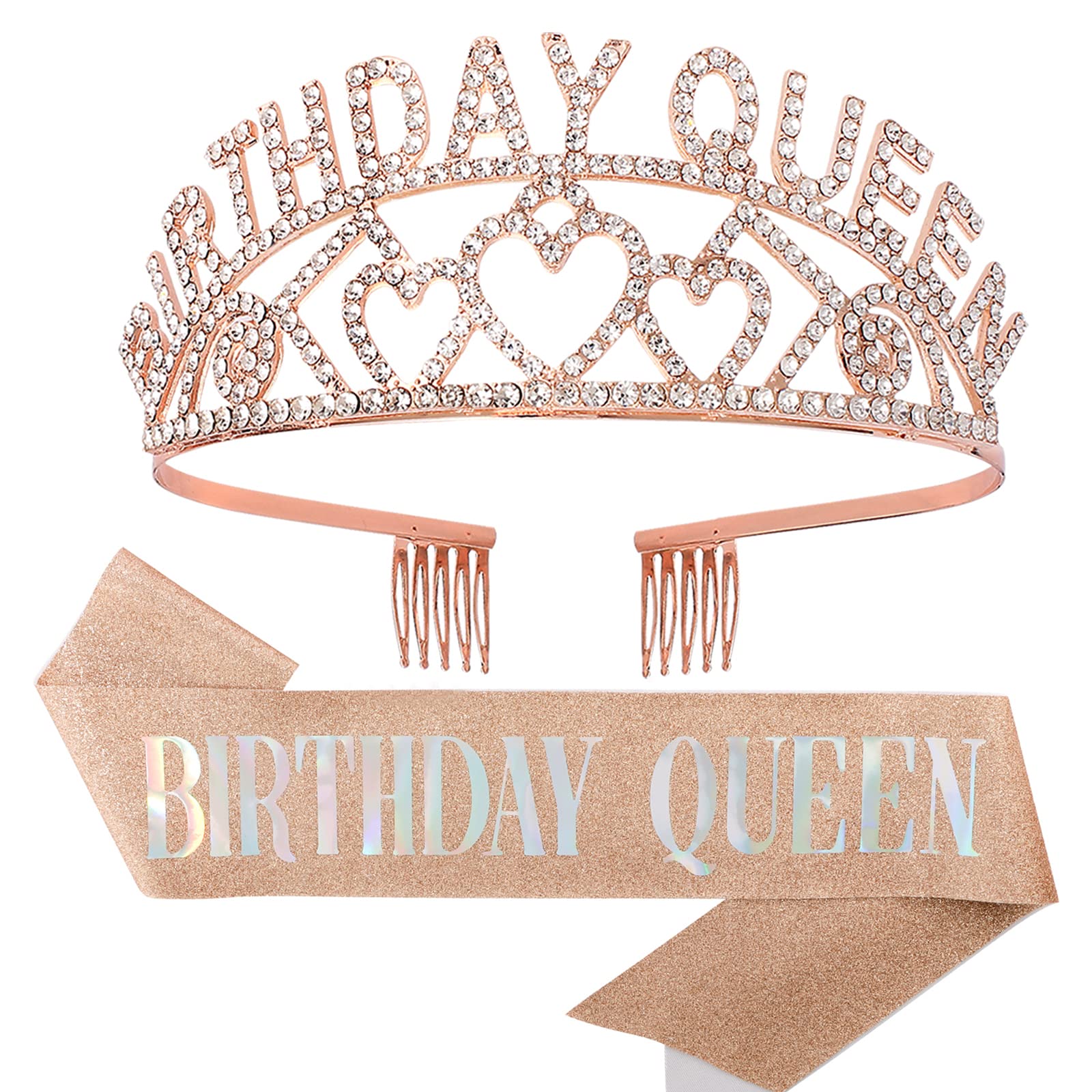 Photo 1 of CAVETEE Rose Gold Birthday Queen Rhinestone Tiara and Sash- Birthday Tiara and Sash Birthday Party Favors Glitter Birthday Decorations for Women?Multi Color Letter? Rose Gold Queen