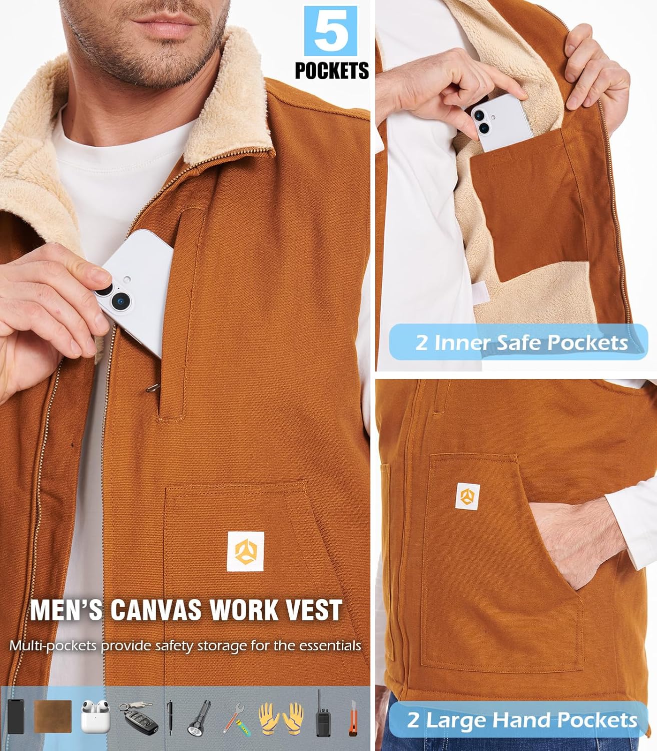 CARWORNIC Waterproof Washed Duck Vest Winter Sherpa Fleece Lined Loose Fit Mock-Neck Insulated Canvas Workwear Vest - Image 6