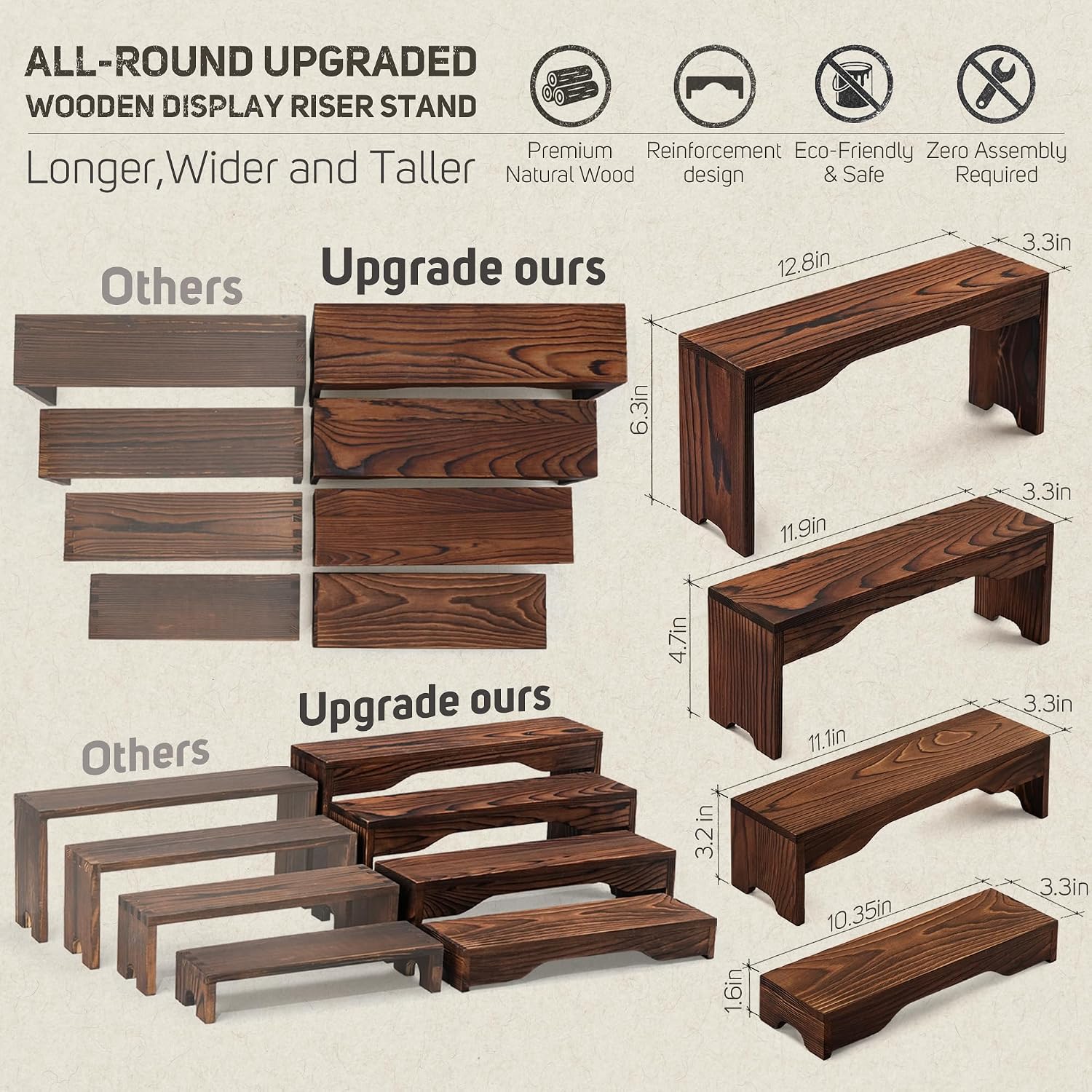 2 Set Upgraded Wooden Tiered Risers Display Stand