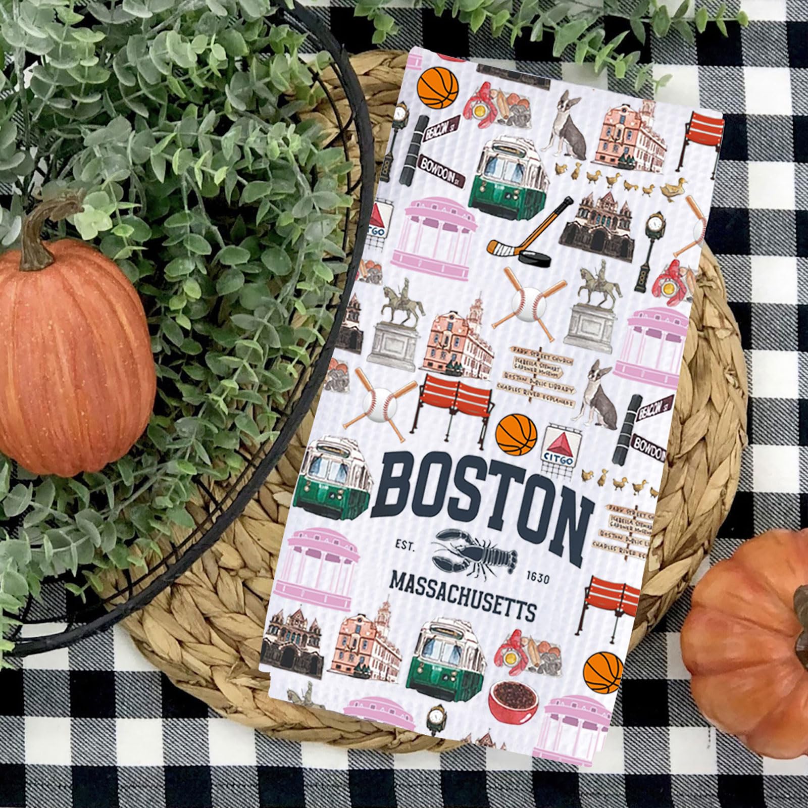 TSOTMO Lobster Gift Boston EST 1630 Massachusetts Kitchen Towel Massachusetts Travel Boston State Trip Gift for Travelers (Boston Towel)
