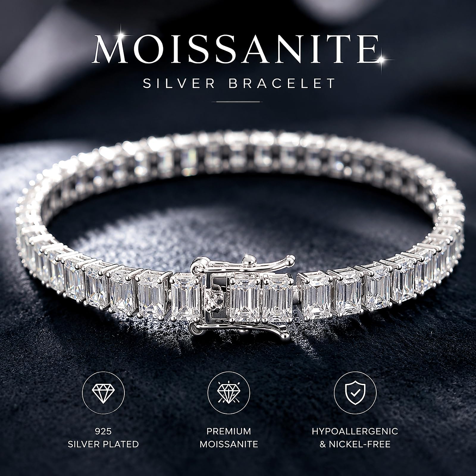Bransoletka tenisowa ze srebra próby 925 z prostokątnym moissanitem, błyszcząca bransoletka damska ze szmaragdowym szlifem, elegancka biżuteria na prezent na ślub, rocznicę i urodziny