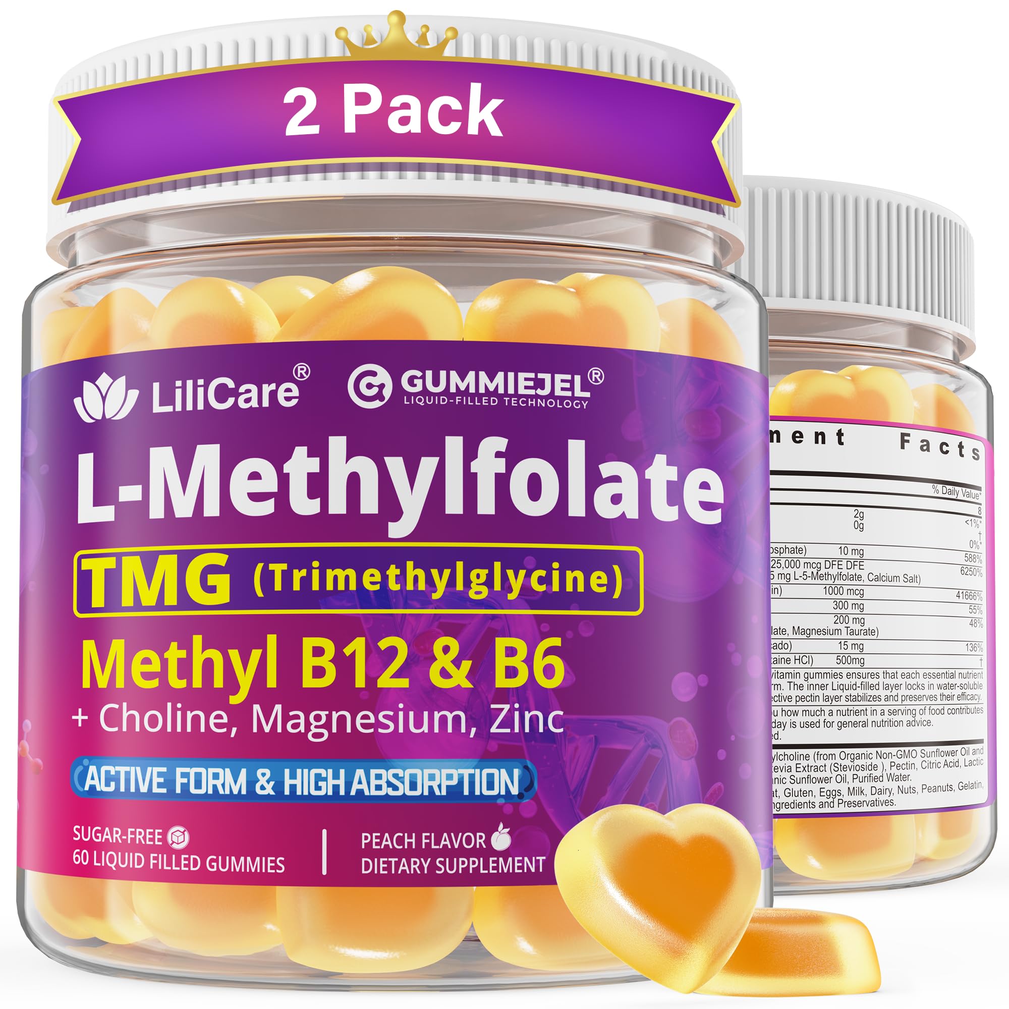 L-MethylFolate 15mg 7.5mg & B12 1000 mcg Gummies, Methylated B Complex + TMG, Magnesium, Choline - Active 5-MTHF(B9) + Methyl B12, B6, Multivitamin - Methylation, Cognition, Mood, Sugar Free, 2 Pack 60 Count (Pack of 2)