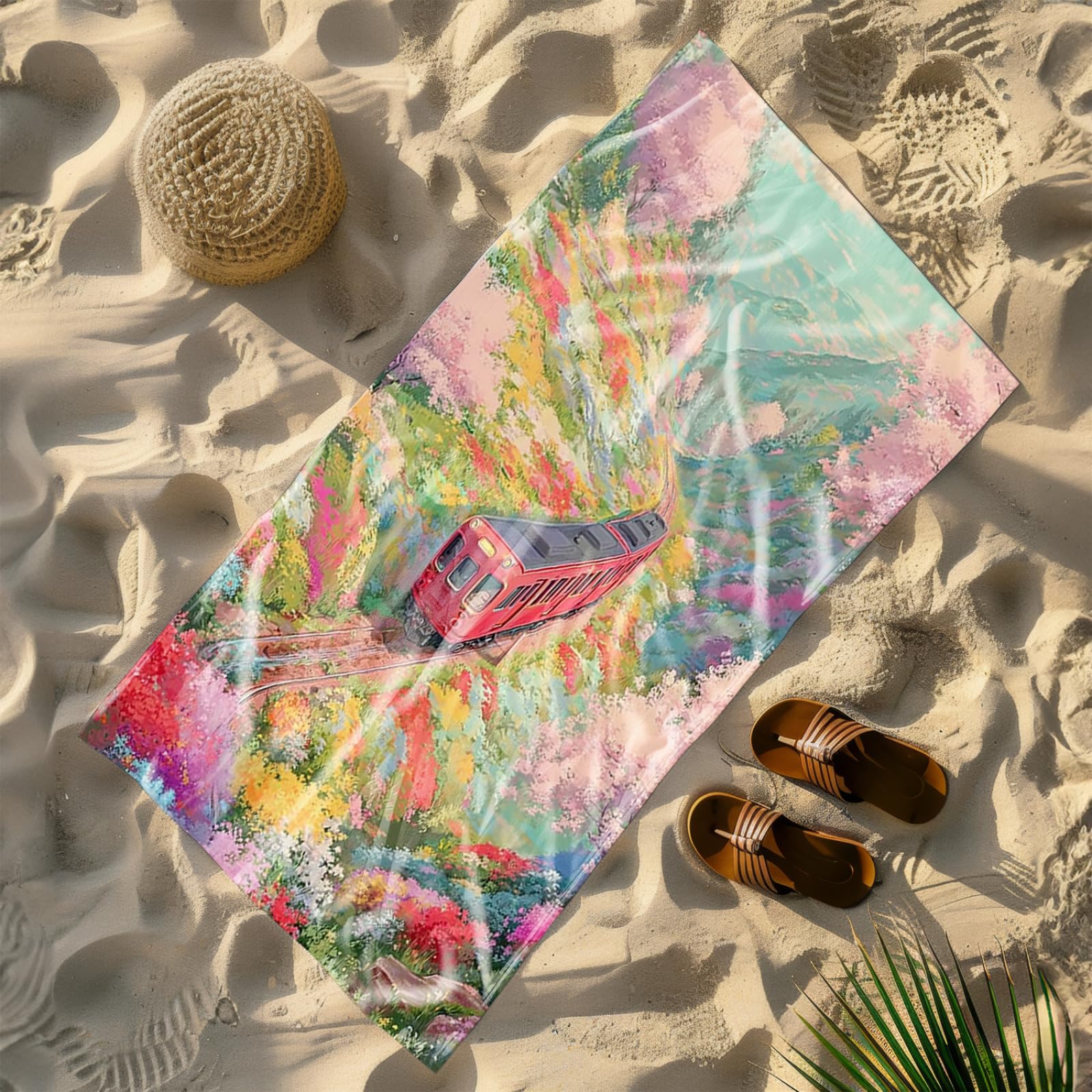 Tapis de Plage XXL Anti Sable Train, Fleurs Roses Serviette Piscine Adulte,Natte De Plage Pliable, Voyage Accessoires De Plage Camping,Serviette de Bain Personnalisée