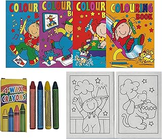 WF Graham Pack of 12 A6 Kids Colouring Books and 12 Packs of Crayons | Mini Colouring Books for Party Bags in Assorted Designs, Childrens Party Bag Fillers for Toddlers