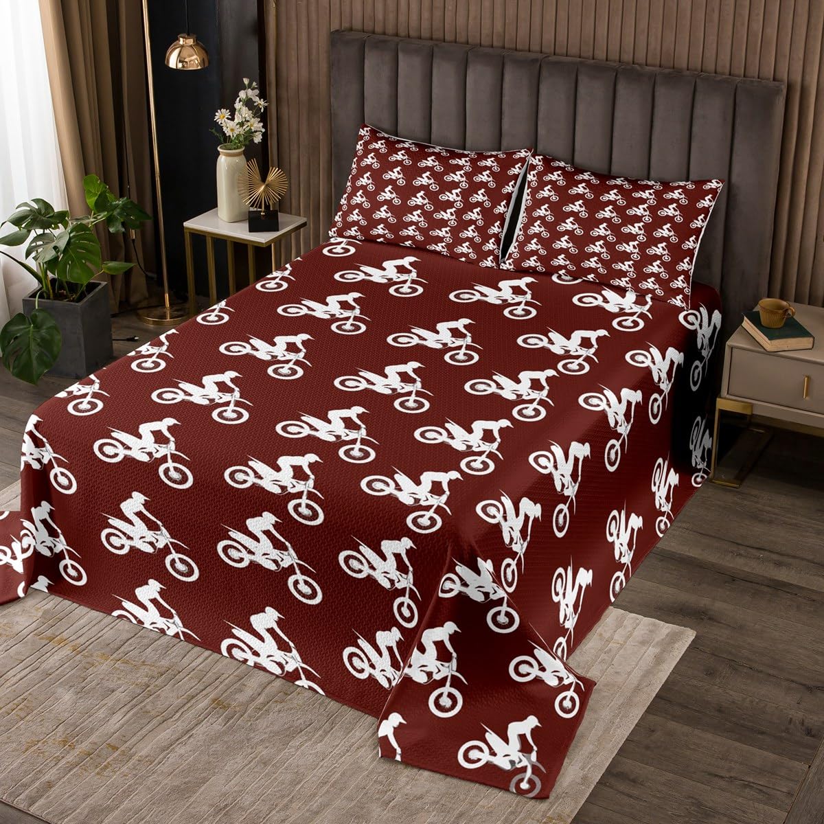 Manfei Motorbike Kids Bedspread Twin Size,Motorcycle Motocross Dirt Bike Coverlet Set,Boys Girls Room Decor,Extreme Sports Adventure Vehicles Quilted Coverlet,Red Bedding Quilt,1 Pillowcase