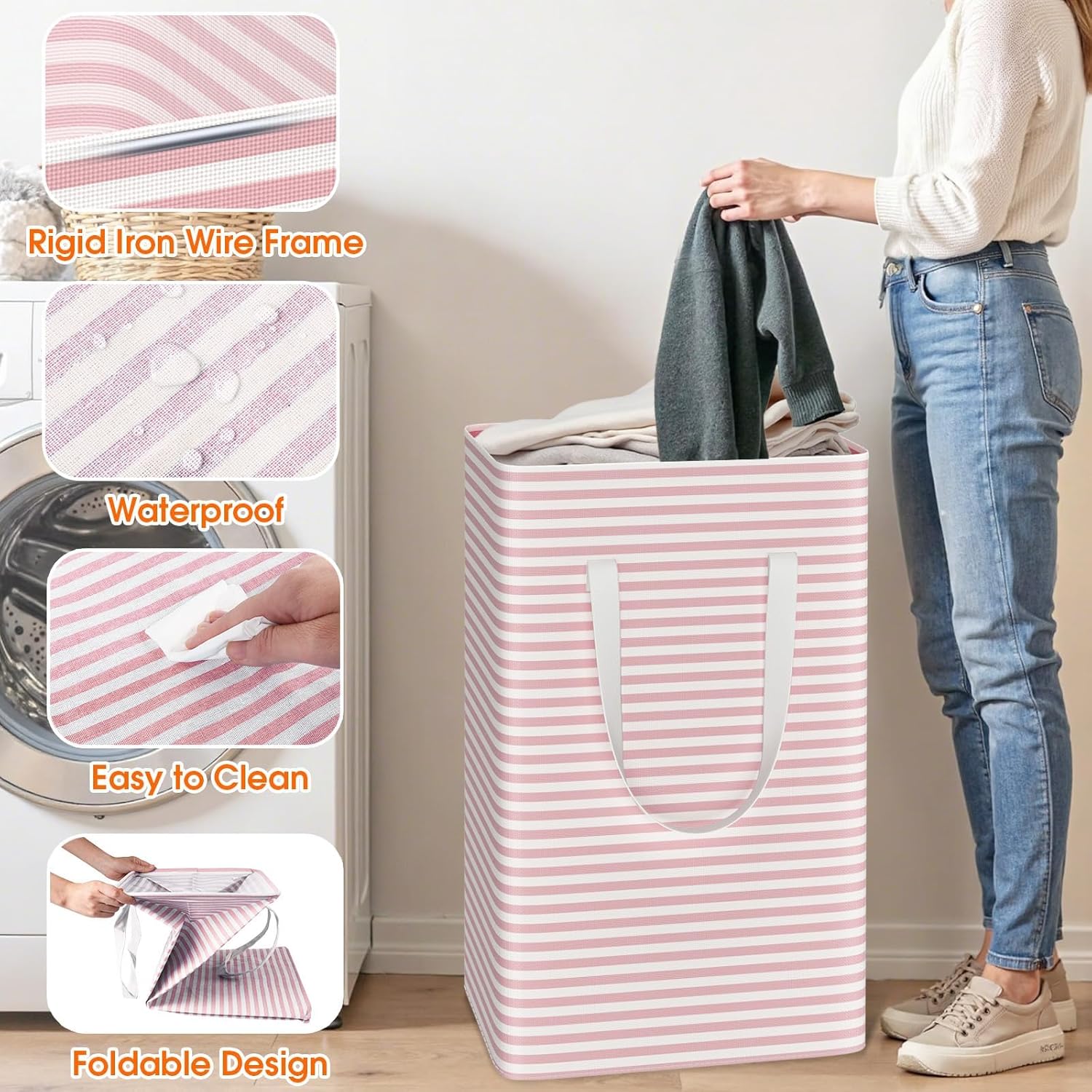 3 Pack Large Laundry Basket,Waterproof & Freestanding Laundry Hamper,Collapsible Clothes Hampers with Easy Carry Long & Reinforced Handles in Bathroom,College Dorm(75Lx3,Pink) - Image 5