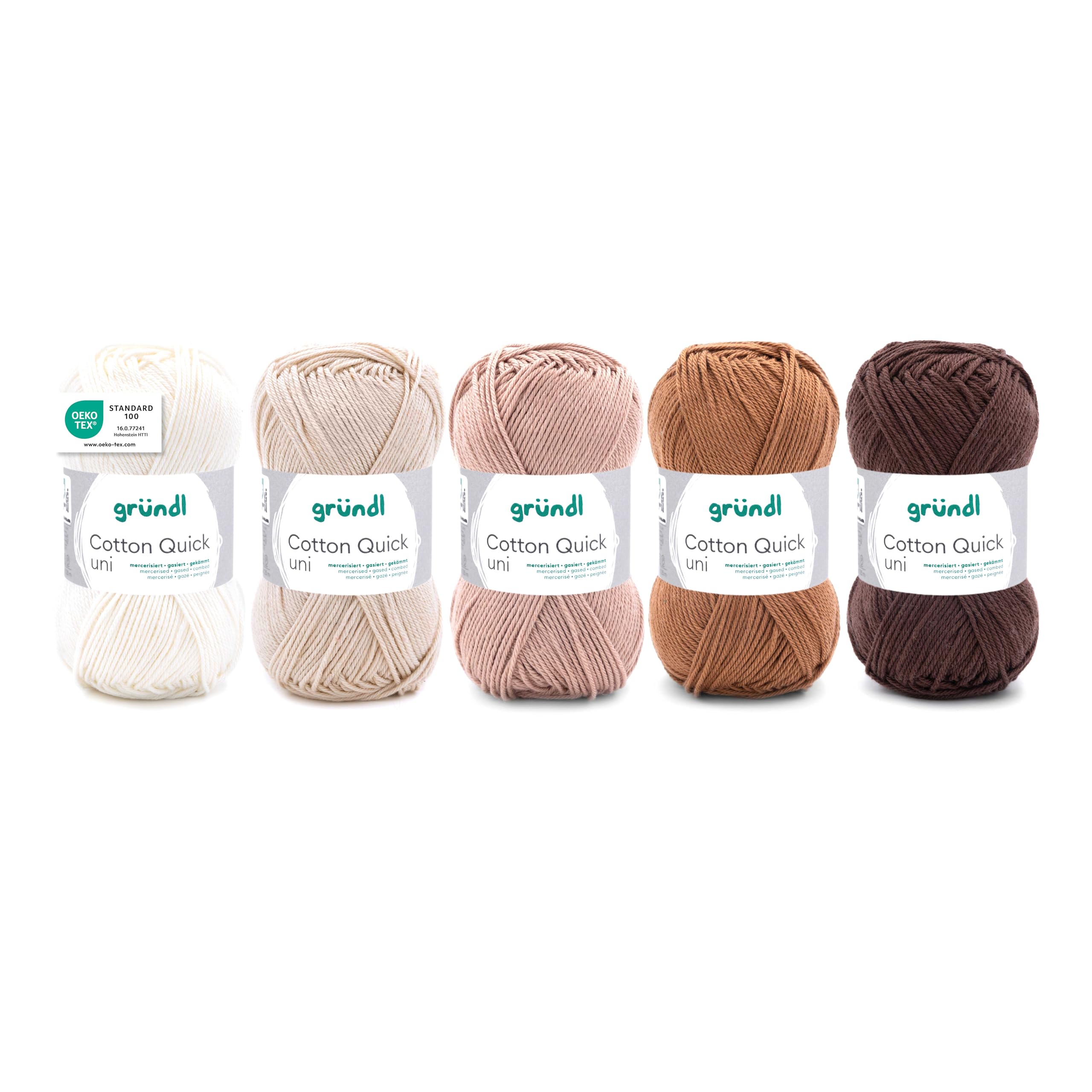 Gründl Wolle Cotton Quick uni - dünne Wolle zum Häkeln - Strickgarn - Häkelgarn - Glänzend und hautfreundlich - 100% Baumwolle - 5 Knäuel / 125 m - Nadelstärke 3-4 - Weiß-Beige-Braun-Mix