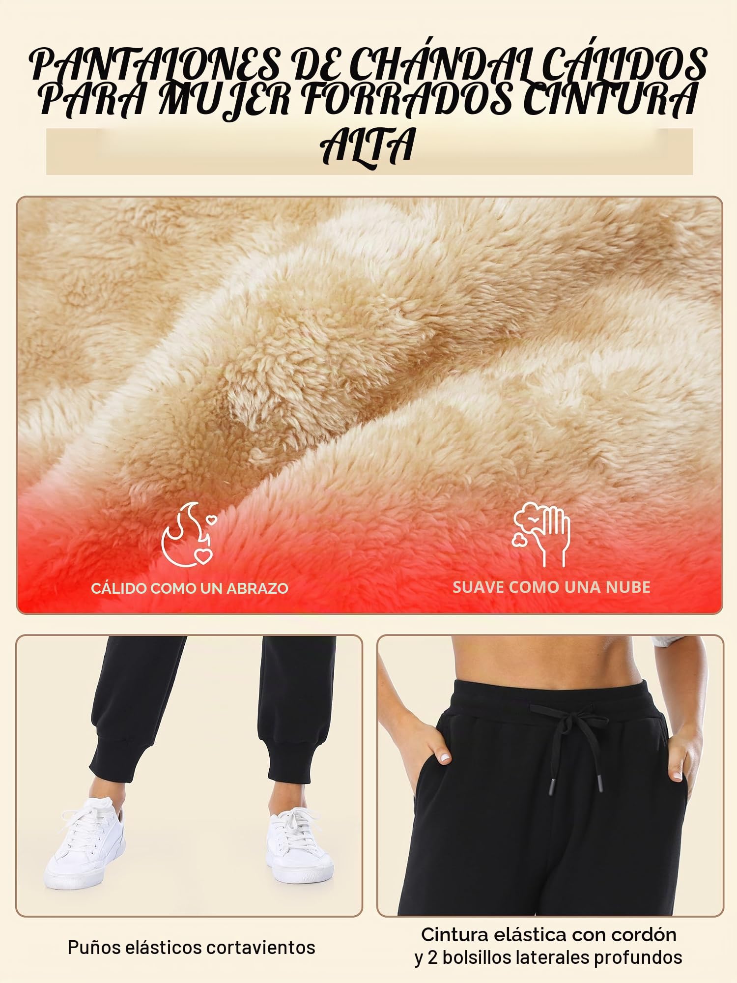 MOVE BEYOND Pantalones de Chándal Forrados de Sherpa con 2 Bolsillos Pantalonesde Salón con Cordón Ajustable de Yoga Entrenamiento
