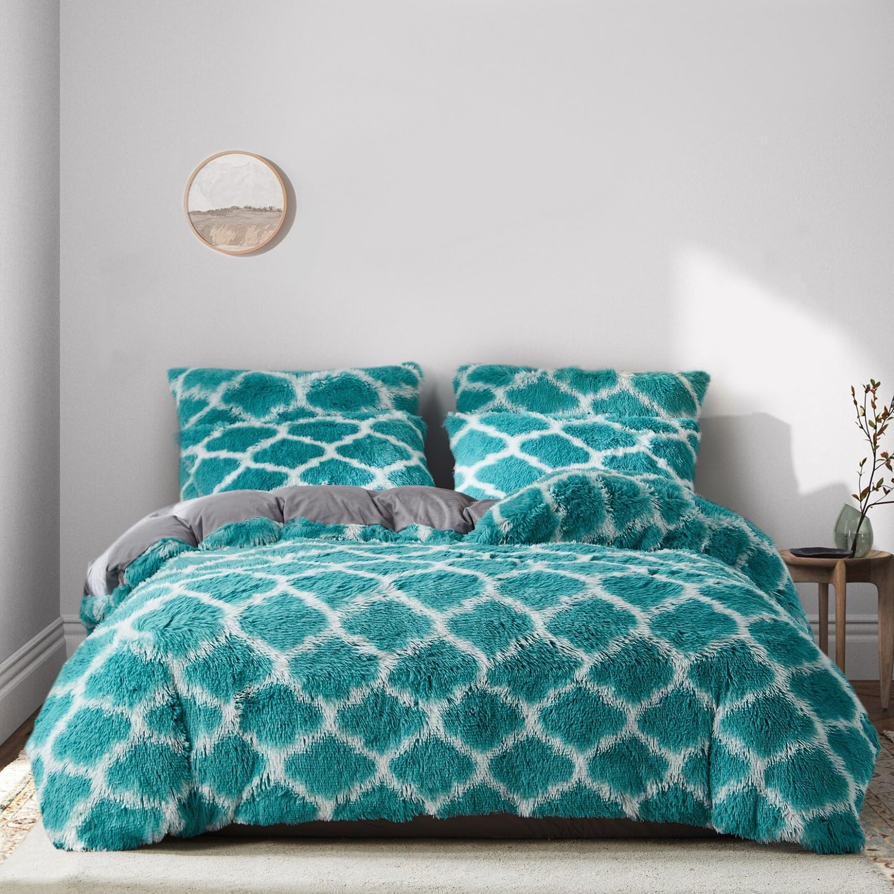 YASMENG Ropa de cama de invierno de felpa de 155 x 220 cm, color turquesa y verde, funda nórdica extra cálida, mullida, ropa de cama de invierno con cremallera y 2 fundas de almohada de 80 x 80 cm