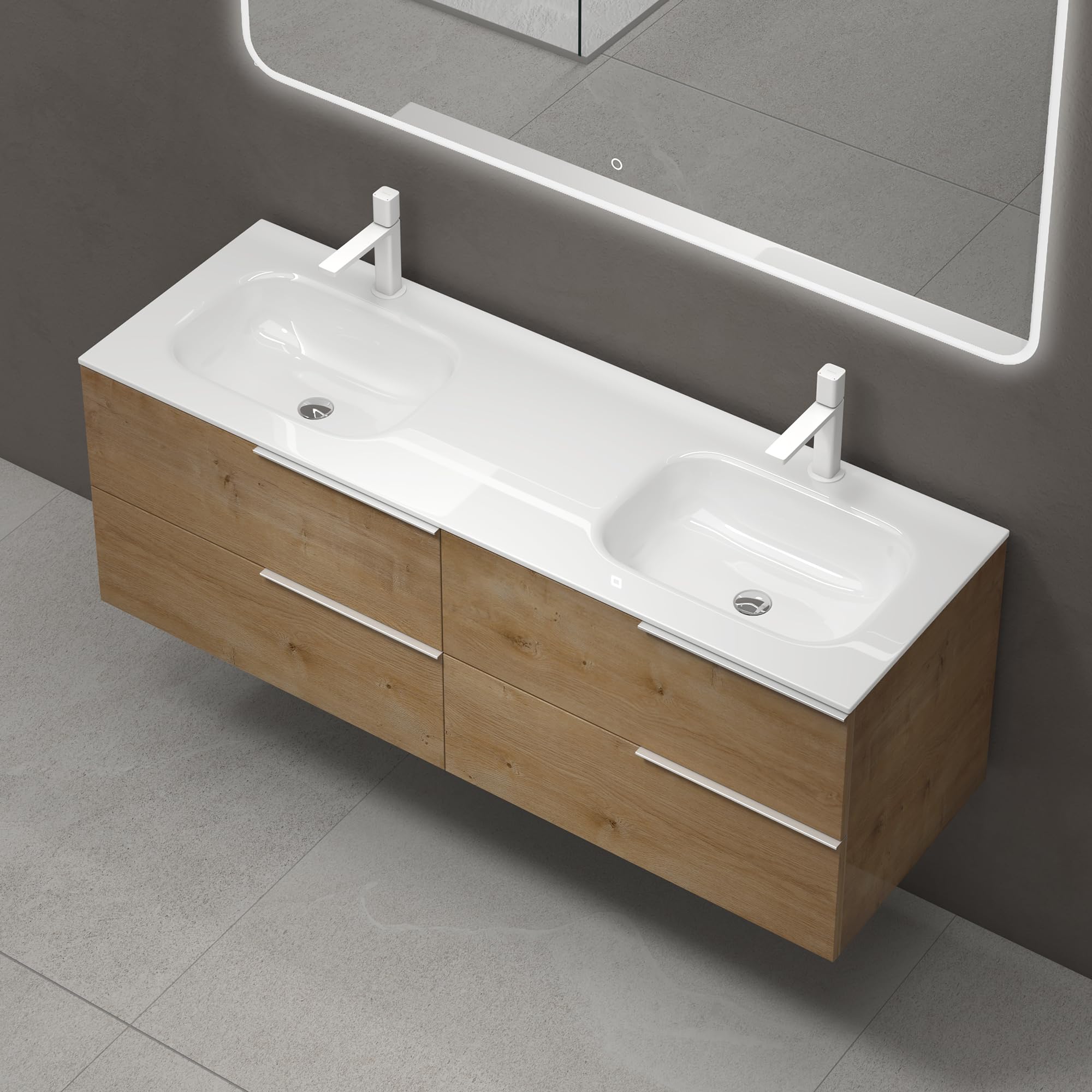 doporro Meuble de Salle de Bain Suspendu 144x48x50cm Ensemble de 2 Pièces | Chêne, avec Lavabo en Solid Surface, Design Vanessa