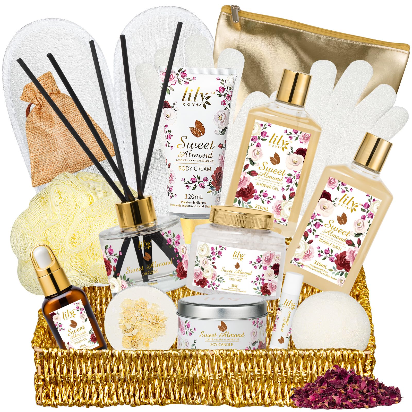 Christmas Spa Gift Basket Set for Women 17-Piece Almond Luxury Spa Gift Set Bath & Body Care Kit with Shower Gel, Body Cream | Valentine's, Mothers Day Gifts for Mom, Birthday Gifts for Her, Wife, Mom