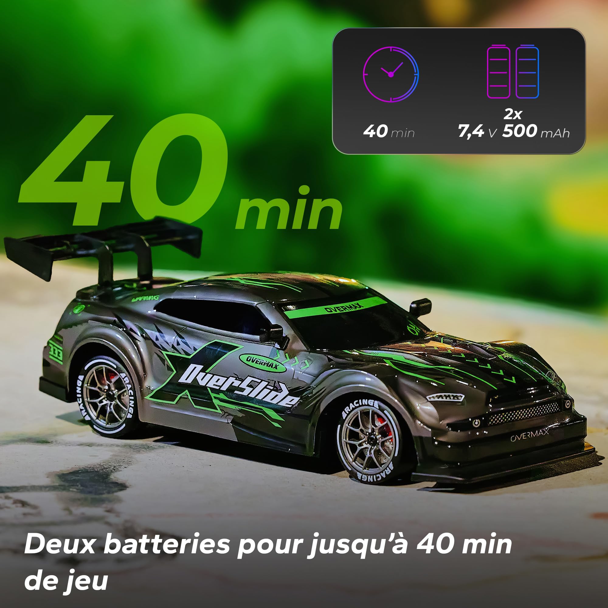 Overmax X-OVERSLIDE Voiture RC Drift Télécommandée, Voiture pour Enfants 8+, 1:16, 20 km/h Portée jusqu'à 80 m, 4WD, 2 Batteries 500 mAh, Roues et Obstacles, Boîtier Supplémentaire