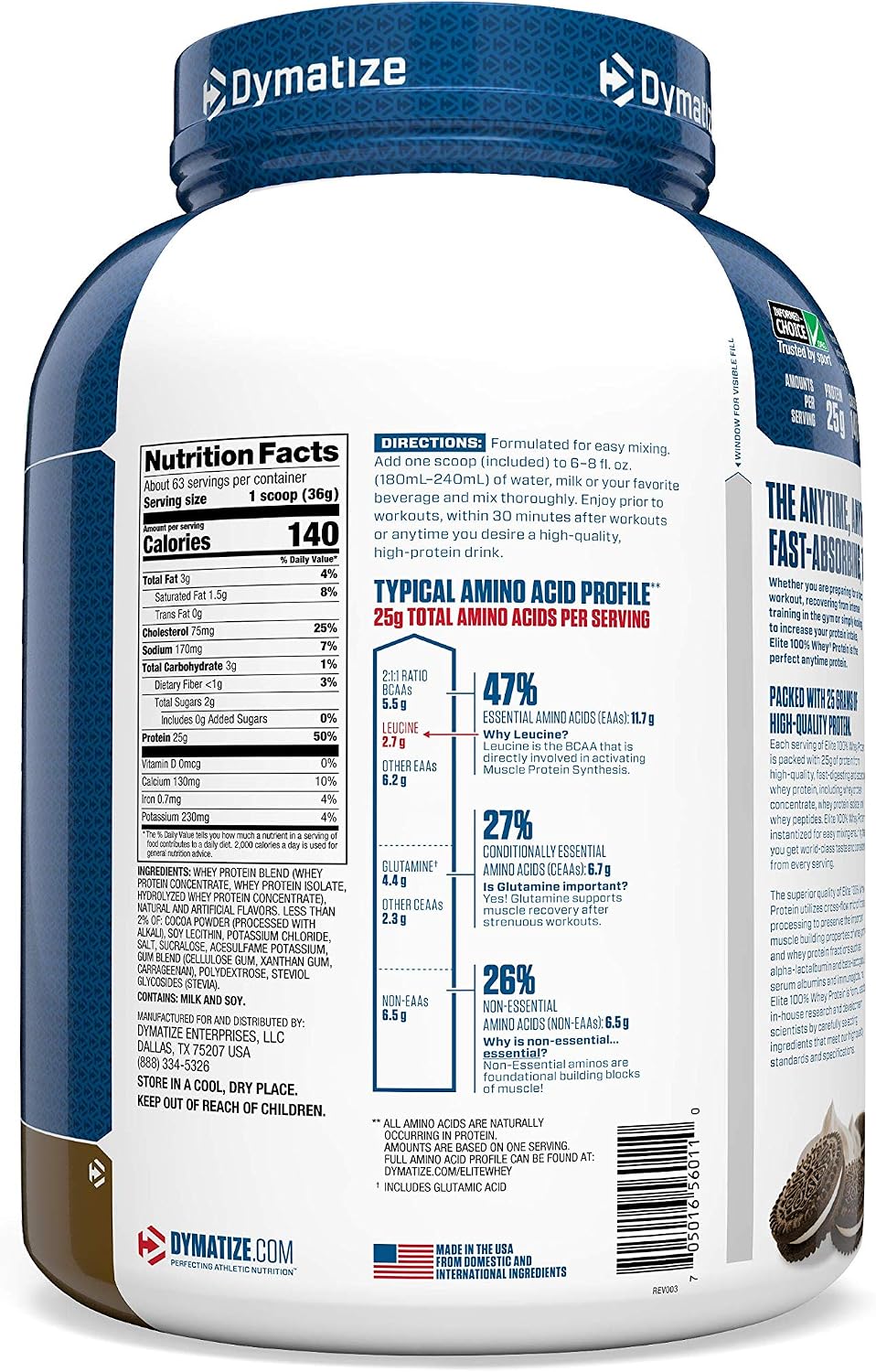 Dymatize Elite 100% Whey Protein Powder, Cookies & Cream, 25g of Protein, 5.5g BCAAs, Less Than 140 Cal., Gluten Free, 2g Carb, 2g Sugar, 3g Fat (63 Servings)