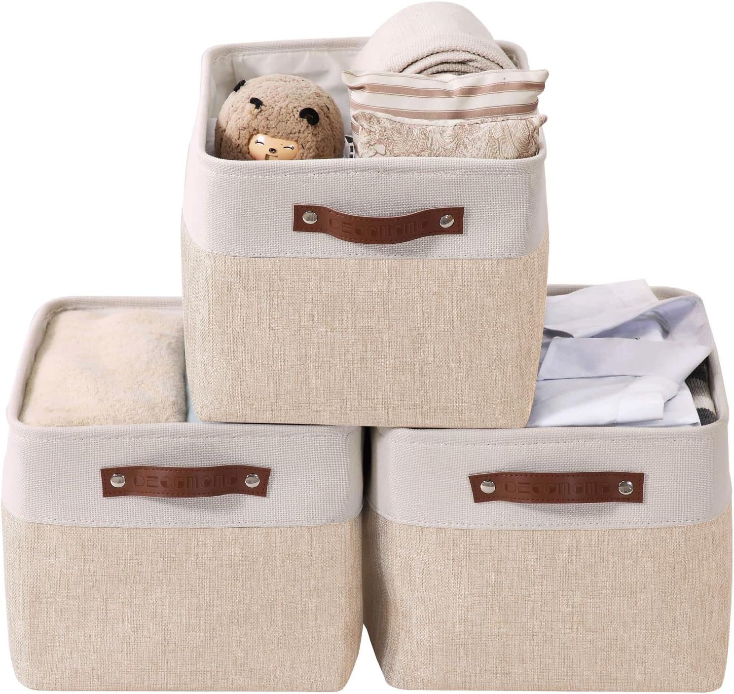 DECOMOMO Foldable Storage Bin Collapsible Sturdy Cationic Fabric Storage Basket Cube W/Handles for Organizing Shelf Nursery Home Closet (Khaki and White, Extra Large - 15.8 x 12.5 x 10)