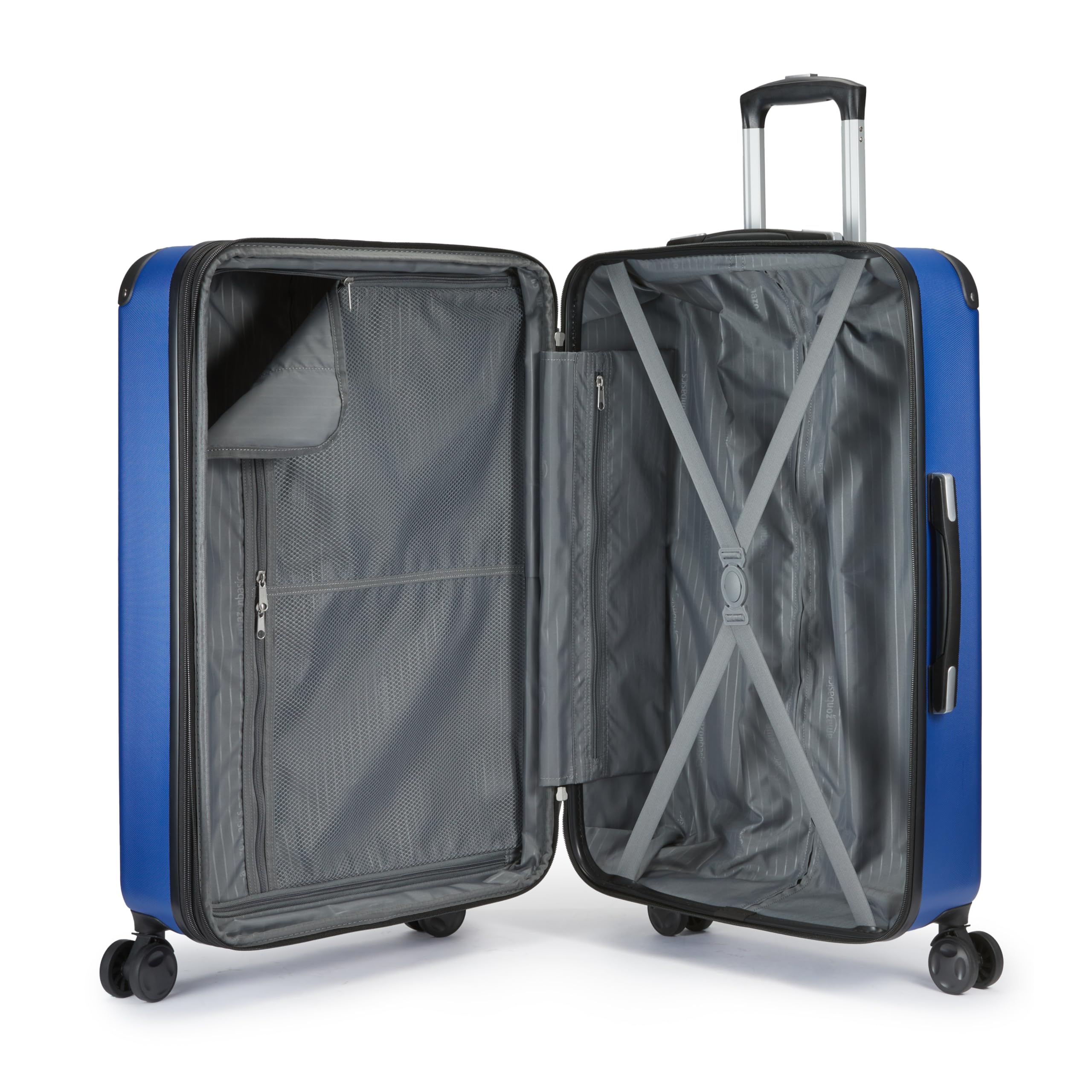 Amazon Basics Set di Valigie Rigide, 3 pezzi, Trolley, Borsa a mano, Borsa da viaggio compatta, Espandibili, 4 Ruote Girevoli, Blu Navy