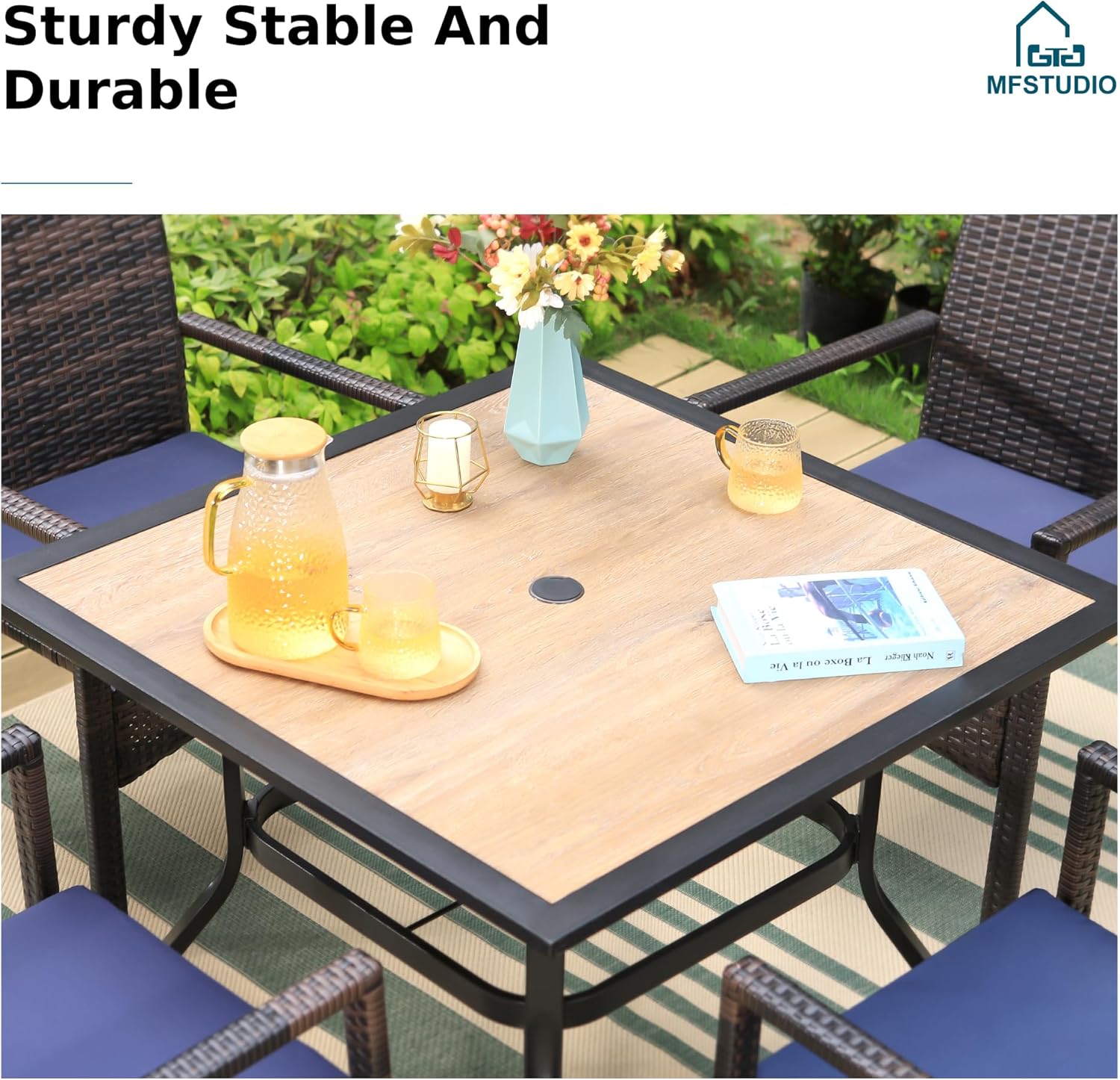 MFSTUDIO 6 Pieces Outdoor Dining Set with Umbrella, Patio Table and Chairs for 4, Outdoor Square Metal Table with Chairs, Wicker Patio Dining Furniture Set with with 10ft Umbrella (Beige)