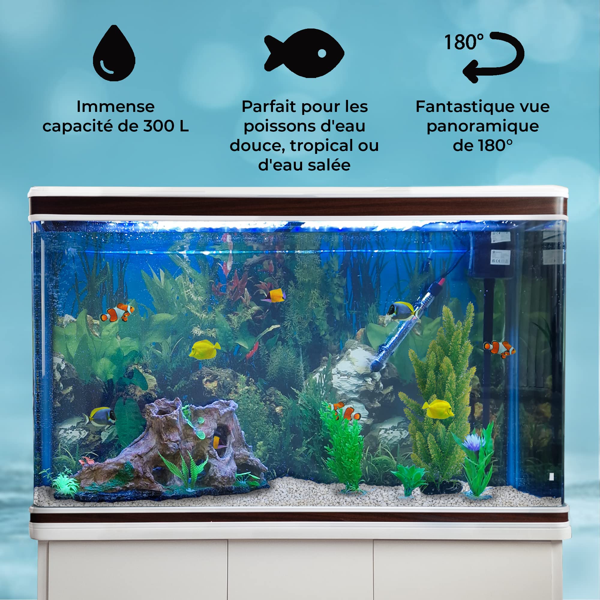 Aquarium Complet 300 litres sur Meuble Blanc avec LED [Pompe, Filtres, Plantes et Accessoires Inclus] Aquariophilie Poissons - Gravier Blancs Décoration Dimensions 120,5 x 39 cm & 143 cm de Hauteur