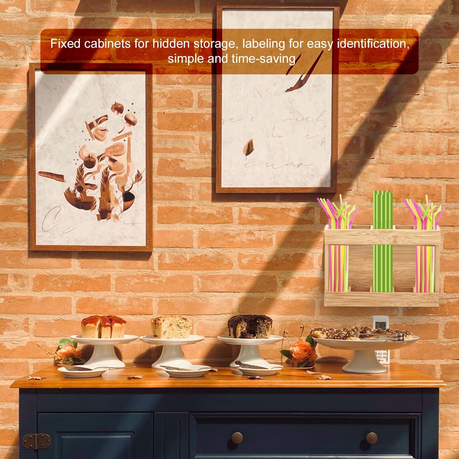 Wooden Straw Holder, Tumbler Straw Organizer Rack with Double Sided Adhesive Tape Drinking Straw Holder Dispenser Accessories Glass Straw Storage Container Supplies for Kitchen Counter Cabinets - Image 4