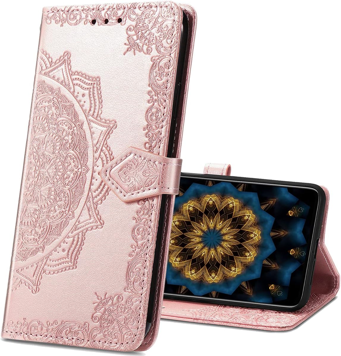 MRSTERSamsung J2 Core Leather Case, Slim Premium PU Flip Wallet Cover Mandala Embossed Full Body Protection with Card Holder Magnetic Closure for Samsung Galaxy J2 Core 2018. SD Mandala - Rose Gold