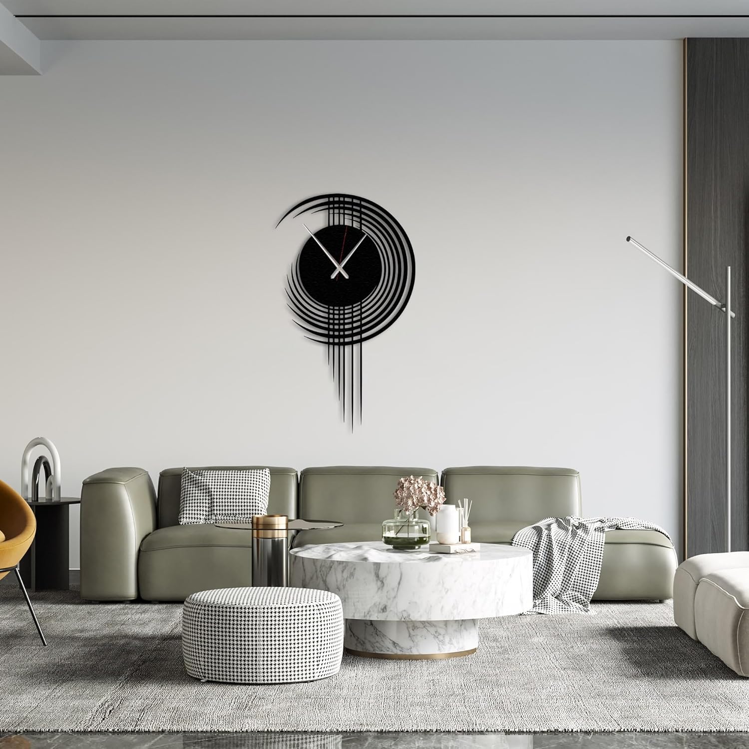 Modern Geometric Metal Wall Clock – Minimalist Black Wall Decor for Living Room Bedroom or Office – Silent Quartz Movement – Contemporary Hanging Wall Art (19.7x11.5 inches / 50x29 cm)
