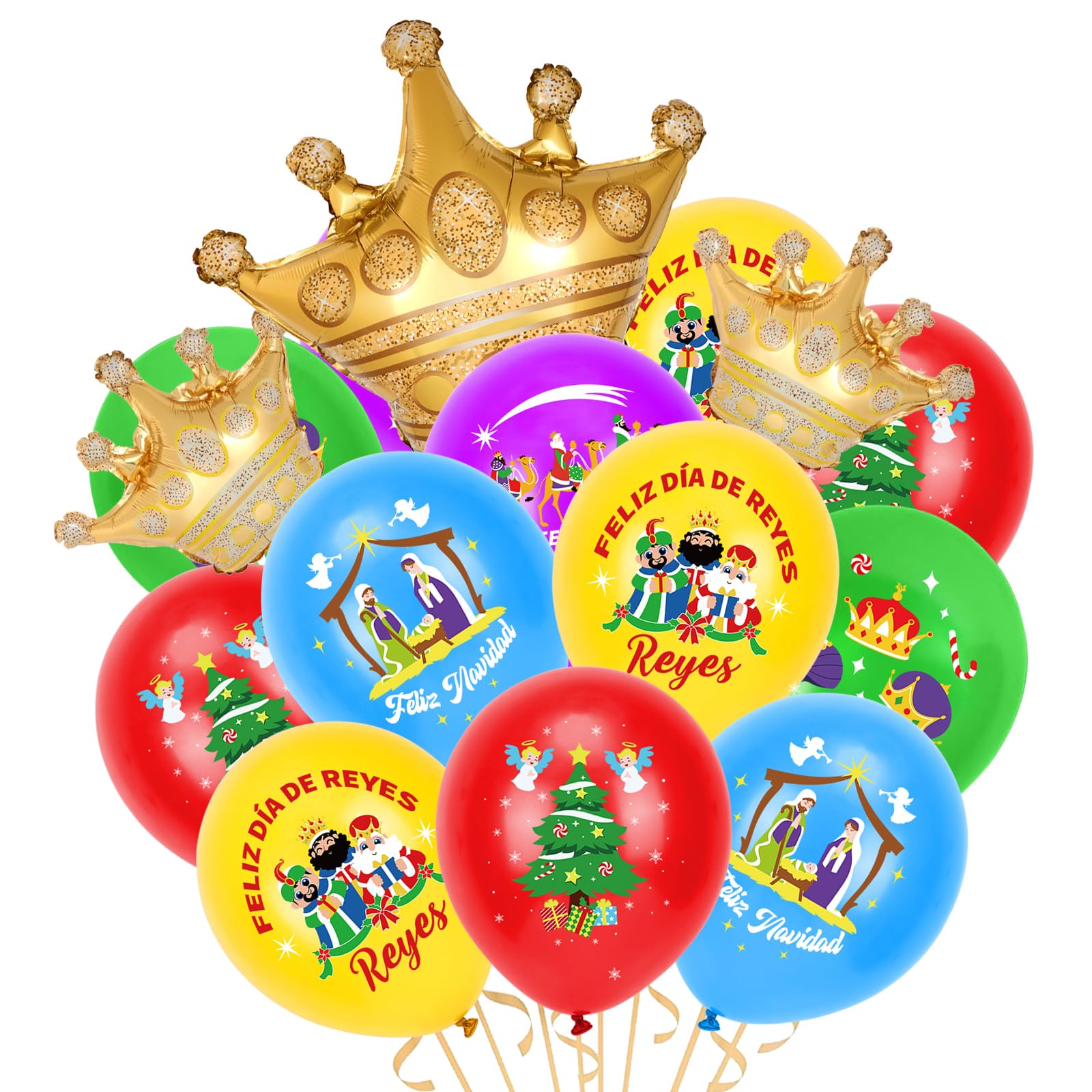 DPKOW Reyes Magos Globos Navidad, 28 Globos de Látex Navideños Reyes Magos Globo de Corona de Aluminio Dorado para Niños Día de Reyes Fiesta Decoración Adornos Navidad Cumpleaños Fiesta Suministros