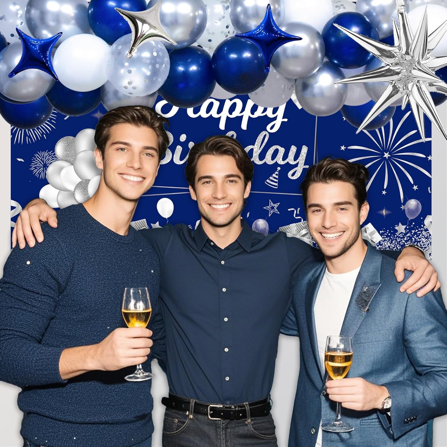 Blue 28th Birthday Decorations for Him Her, 28th Silver and Navy Blue Birthday Decorations for Men Women with Happy Birthday Backdrop Banner Tablecloth Balloons Arch Foil Balloons Party Supplies - Image 4