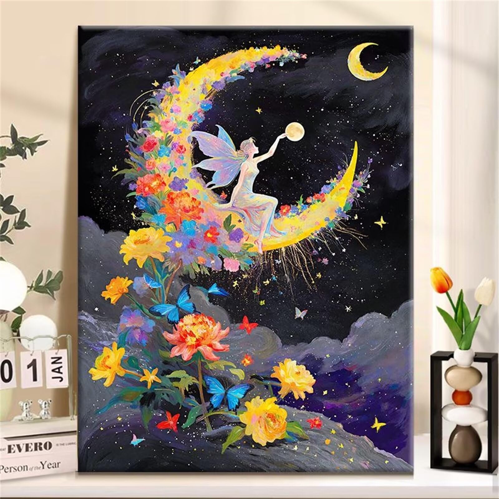 Dipingere con i Numeri Bambini con Telaio Luna, DIY Hobby Creativi per Bambini Principianti, Kit Colorare con i Numeri Angelo Pittura su Tela con Pennelli, Regalo Ragazza Ragazzo 75x100cm, *629